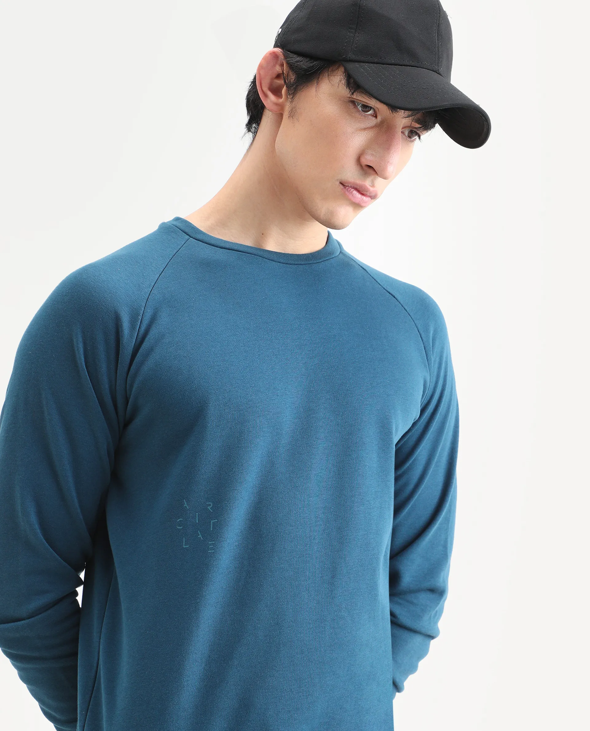 Rare Rabbit Articale Men's Arum Enamel Blue Cotton Fabric Full Sleeves Solid Sweatshirt