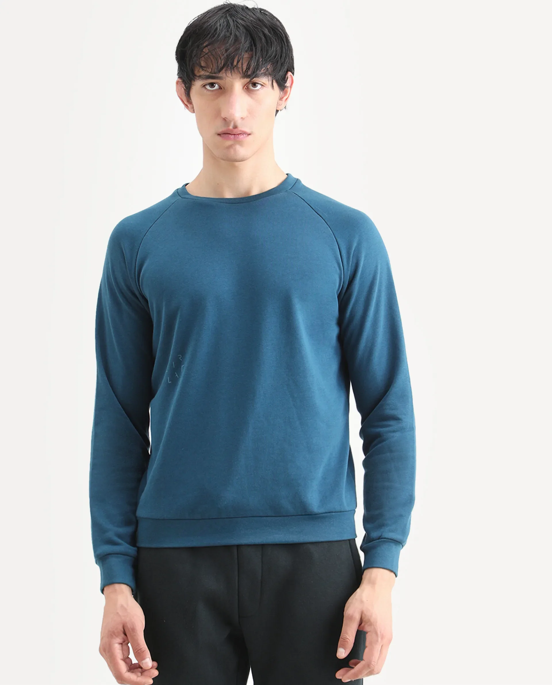 Rare Rabbit Articale Men's Arum Enamel Blue Cotton Fabric Full Sleeves Solid Sweatshirt - Image 3