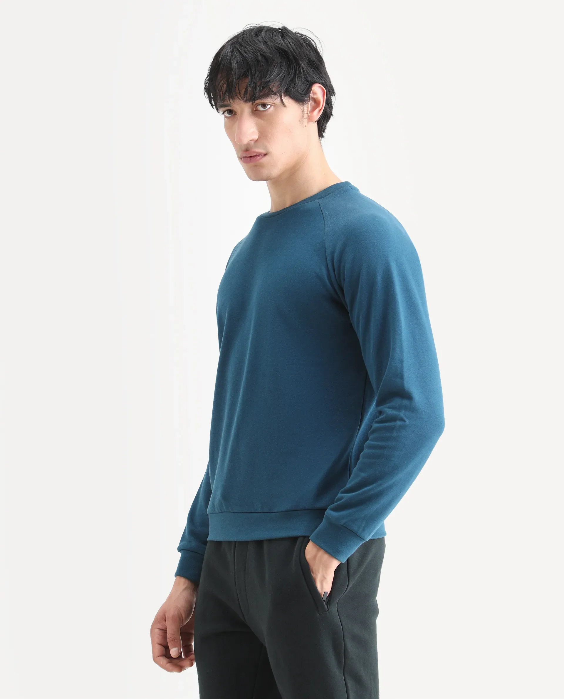 Rare Rabbit Articale Men's Arum Enamel Blue Cotton Fabric Full Sleeves Solid Sweatshirt - Image 5