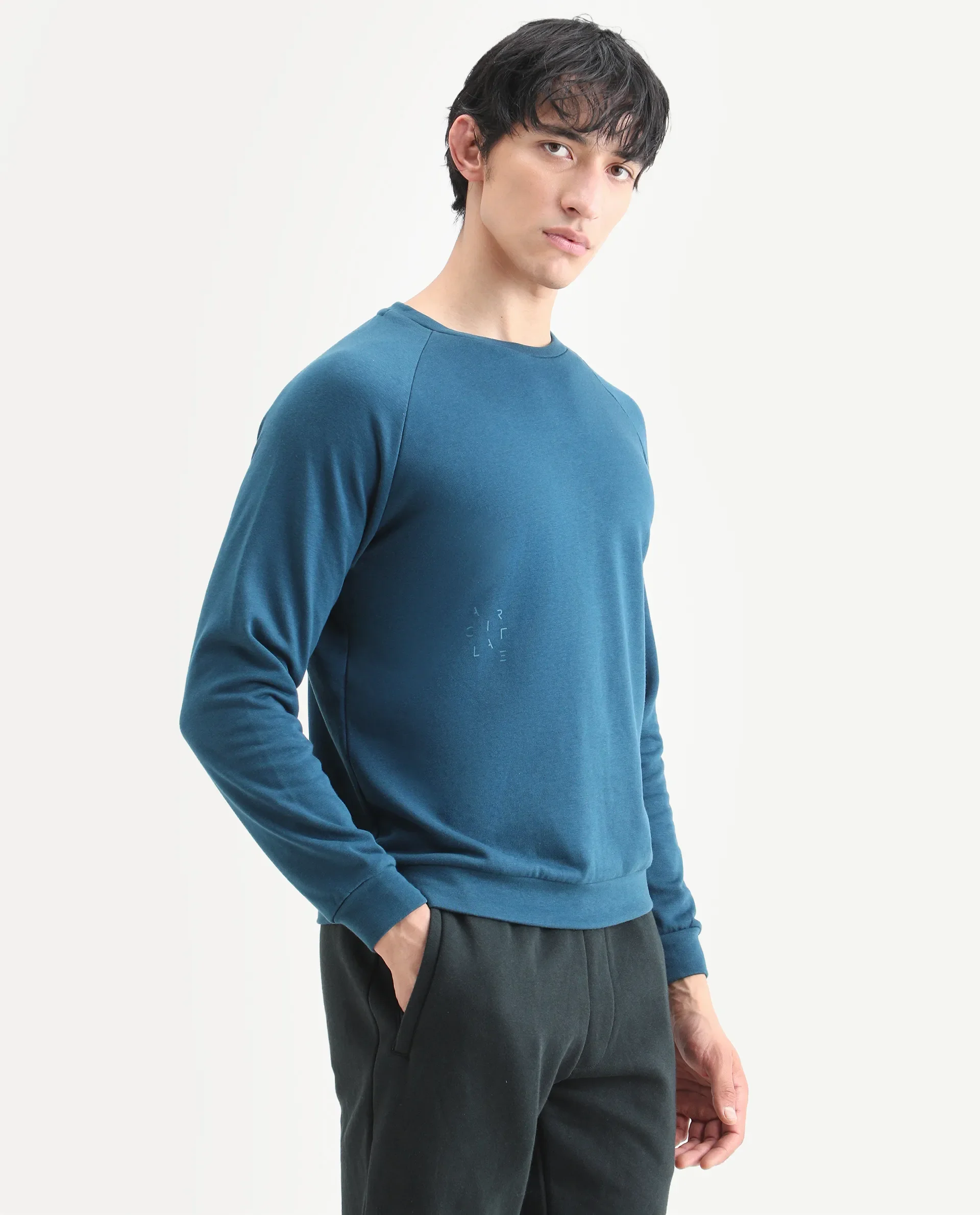 Rare Rabbit Articale Men's Arum Enamel Blue Cotton Fabric Full Sleeves Solid Sweatshirt - Image 6