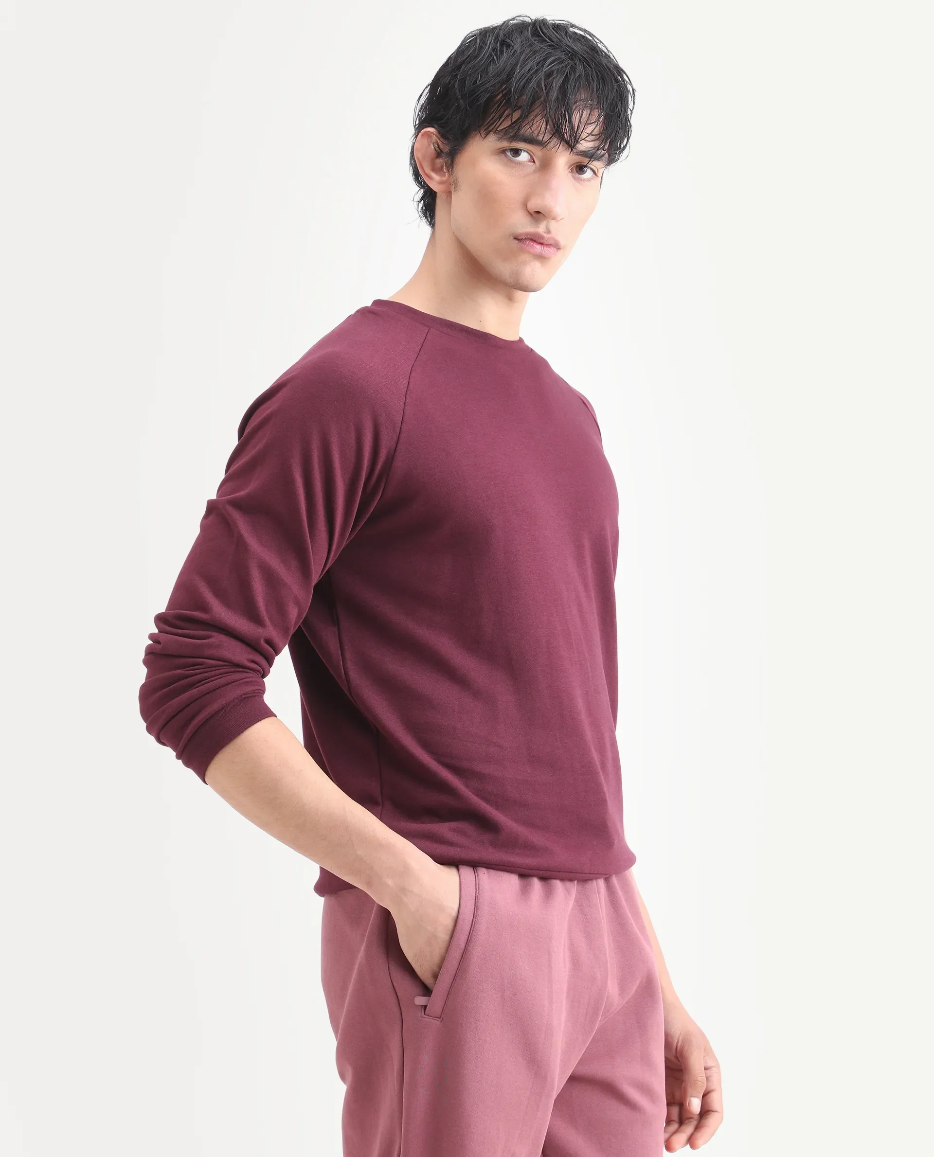 Rare Rabbit Articale Men's Arum Burnt Prune Cotton Fabric Full Sleeves Solid Sweatshirt - Image 5