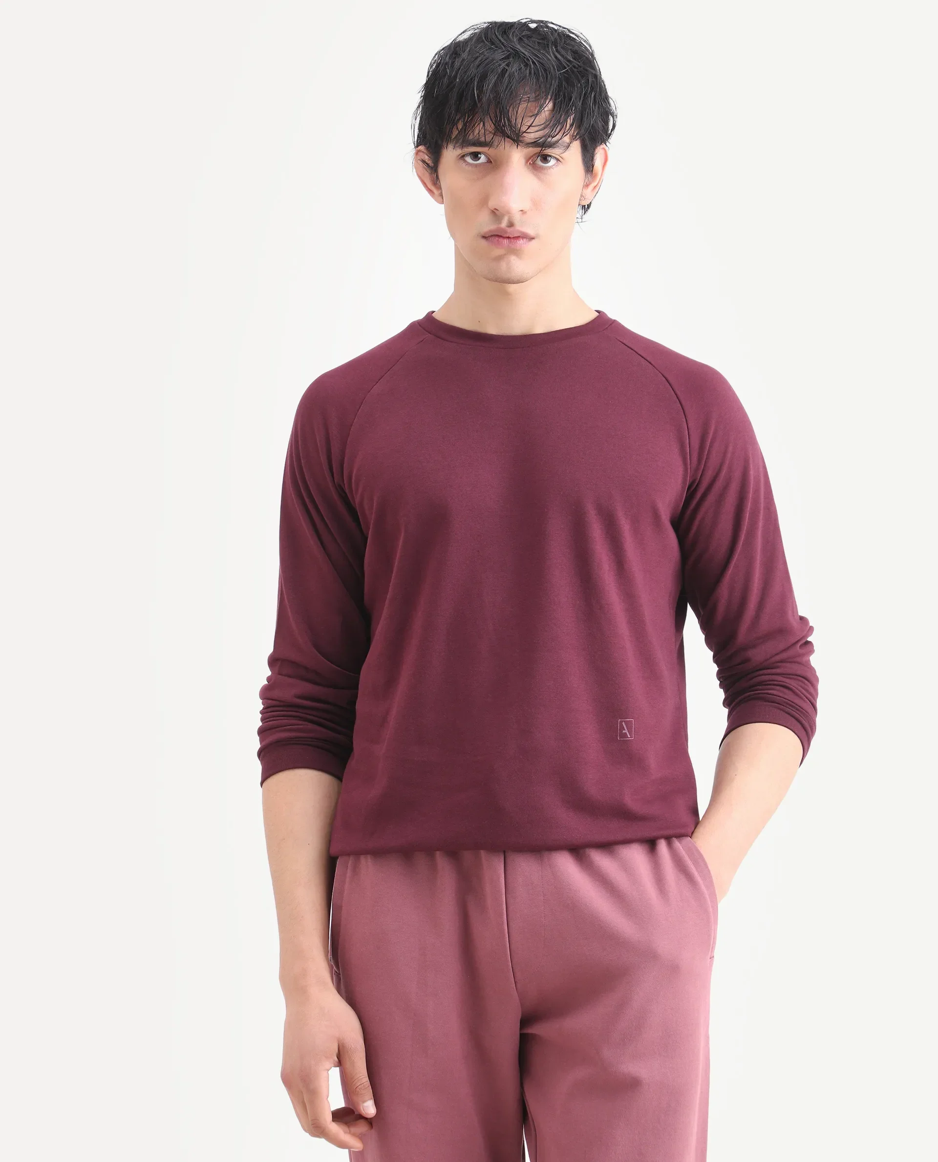 Rare Rabbit Articale Men's Arum Burnt Prune Cotton Fabric Full Sleeves Solid Sweatshirt - Image 6