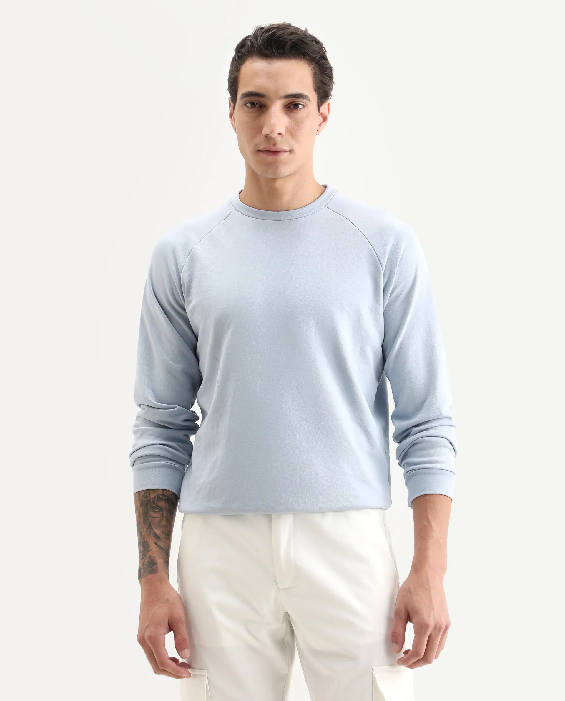 Rare Rabbit Articale Men's Arum Azure Blue Cotton Fabric Full Sleeves Solid Sweatshirt - Image 3