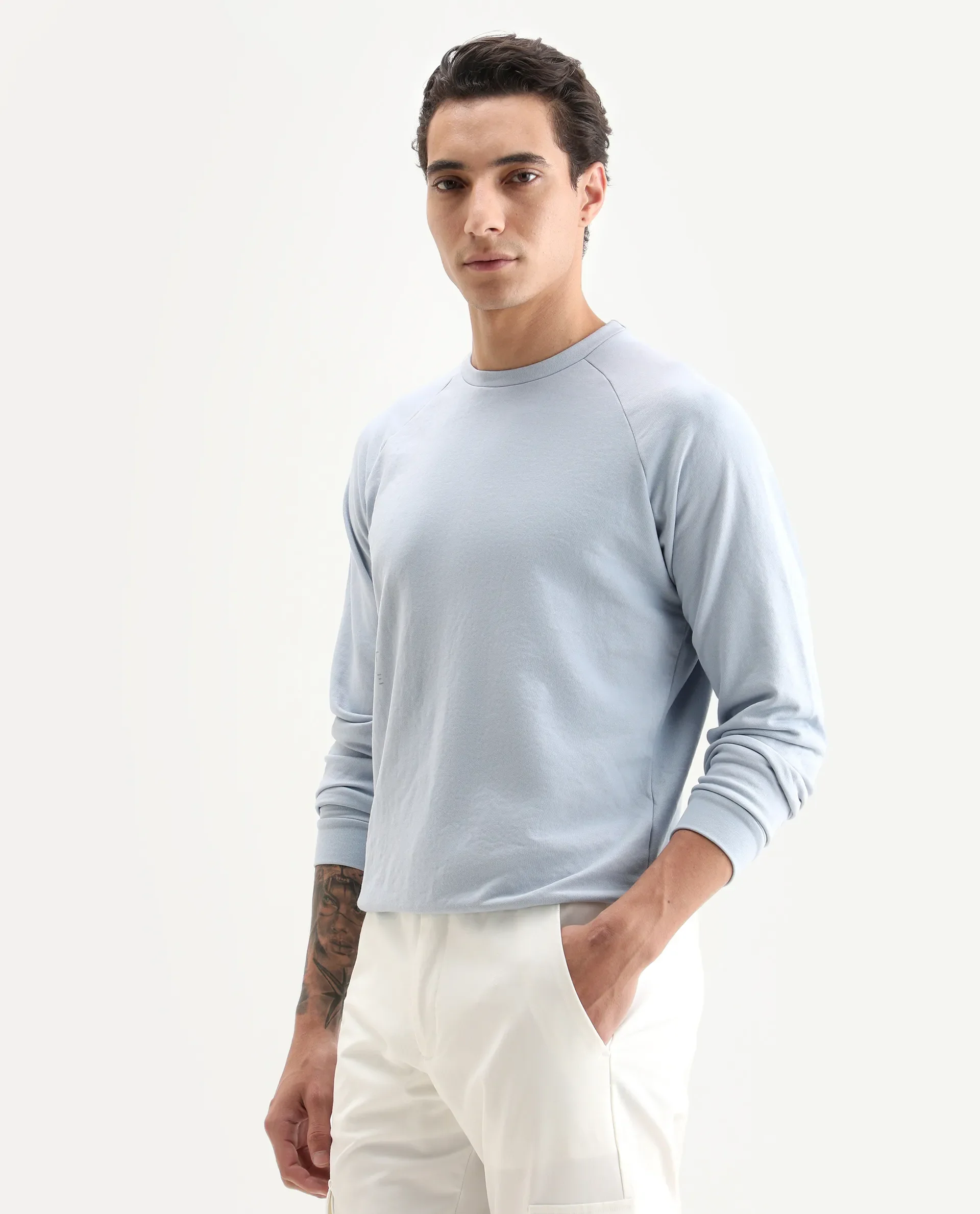 Rare Rabbit Articale Men's Arum Azure Blue Cotton Fabric Full Sleeves Solid Sweatshirt - Image 5