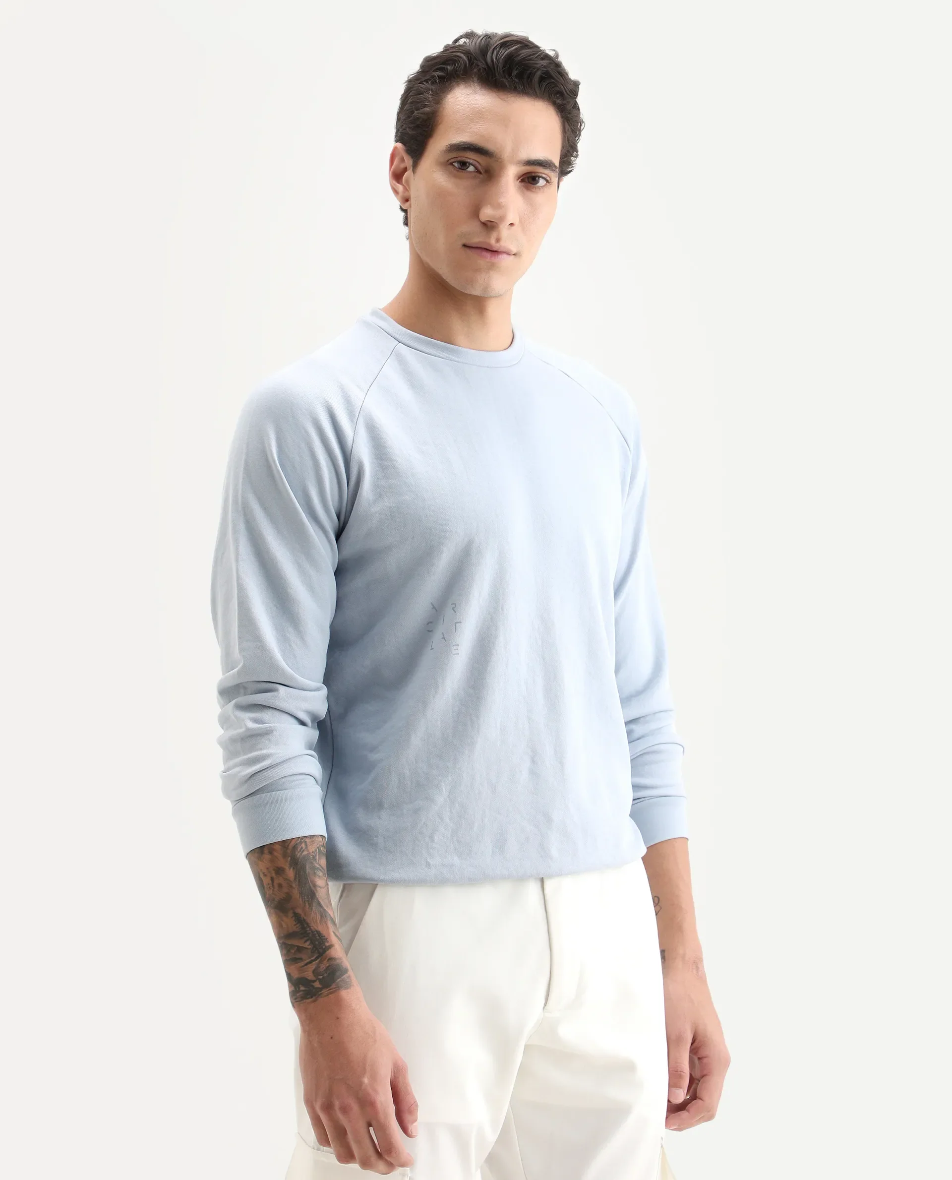 Rare Rabbit Articale Men's Arum Azure Blue Cotton Fabric Full Sleeves Solid Sweatshirt - Image 6