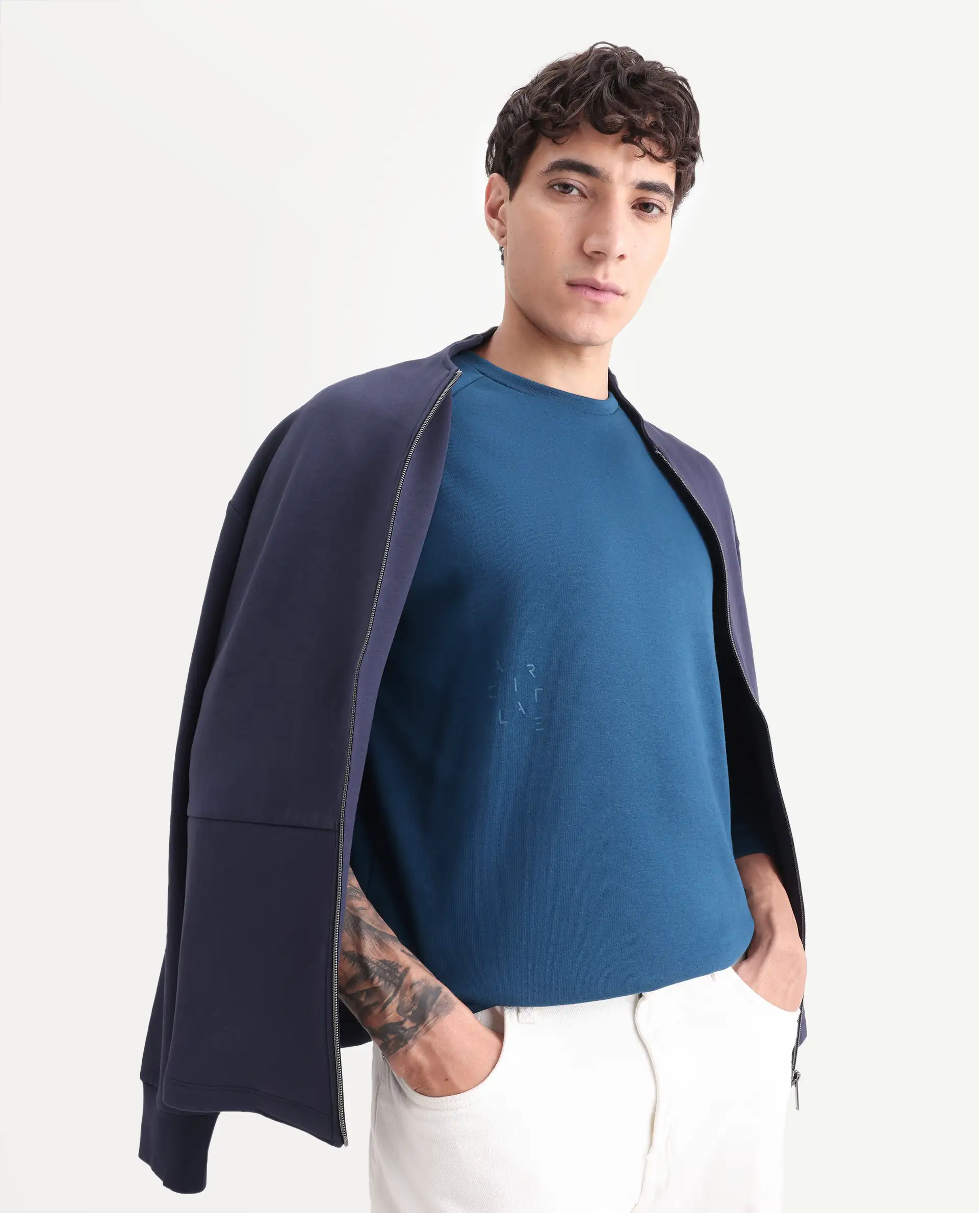 Rare Rabbit Articale Men's Arum Oyster Teal Cotton Fabric Full Sleeves Solid Sweatshirt