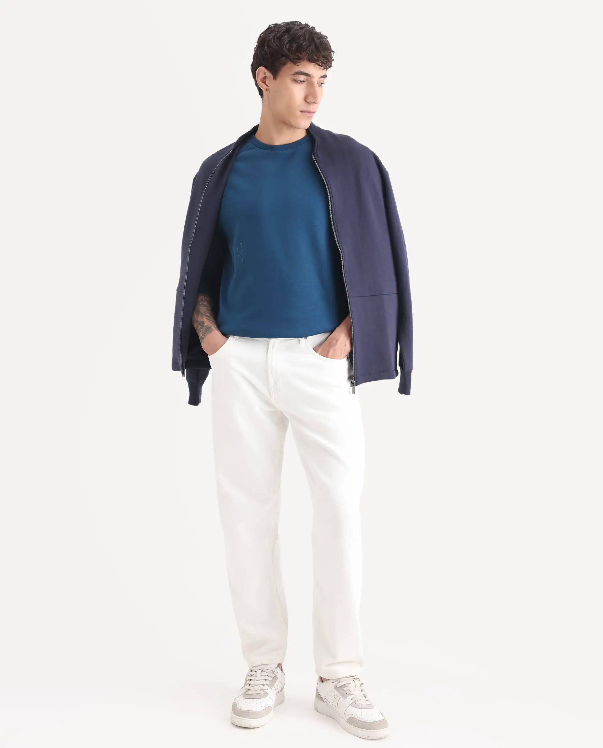 Rare Rabbit Articale Men's Arum Oyster Teal Cotton Fabric Full Sleeves Solid Sweatshirt - Image 2