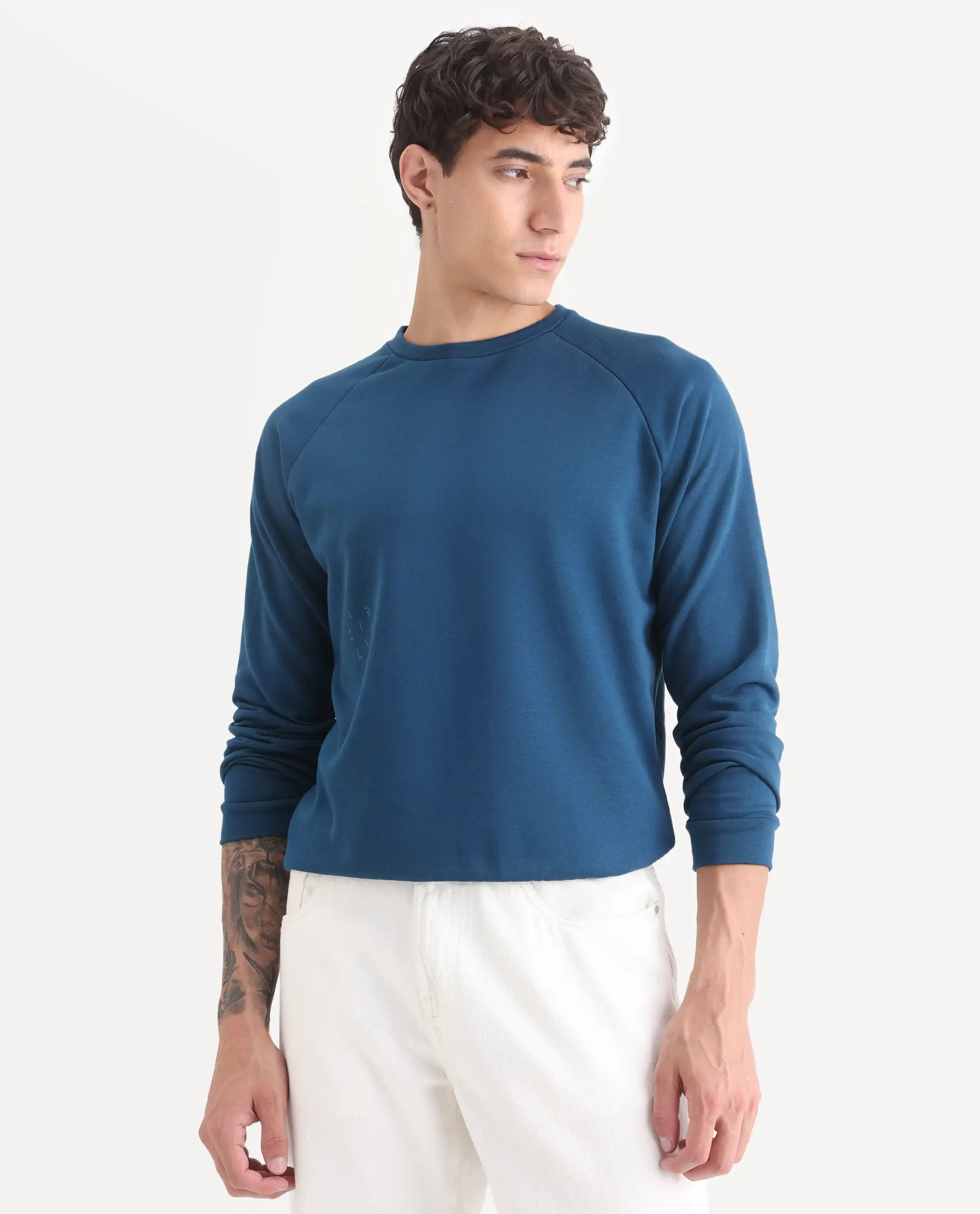 Rare Rabbit Articale Men's Arum Oyster Teal Cotton Fabric Full Sleeves Solid Sweatshirt - Image 3