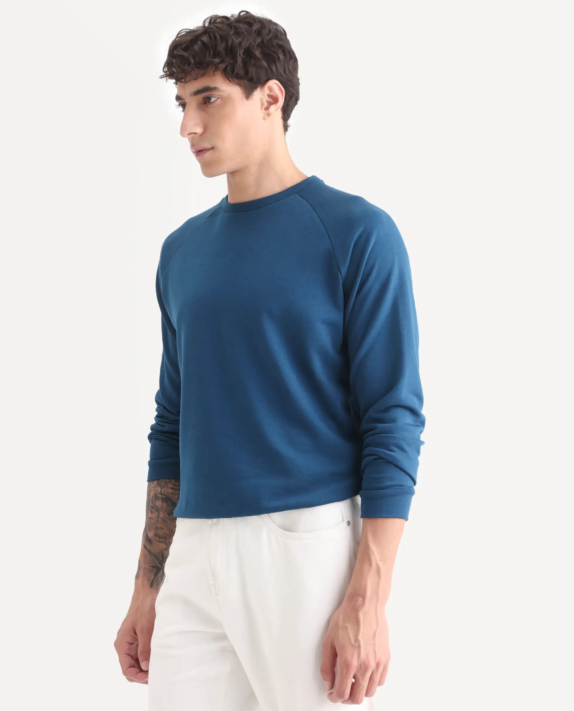 Rare Rabbit Articale Men's Arum Oyster Teal Cotton Fabric Full Sleeves Solid Sweatshirt - Image 5