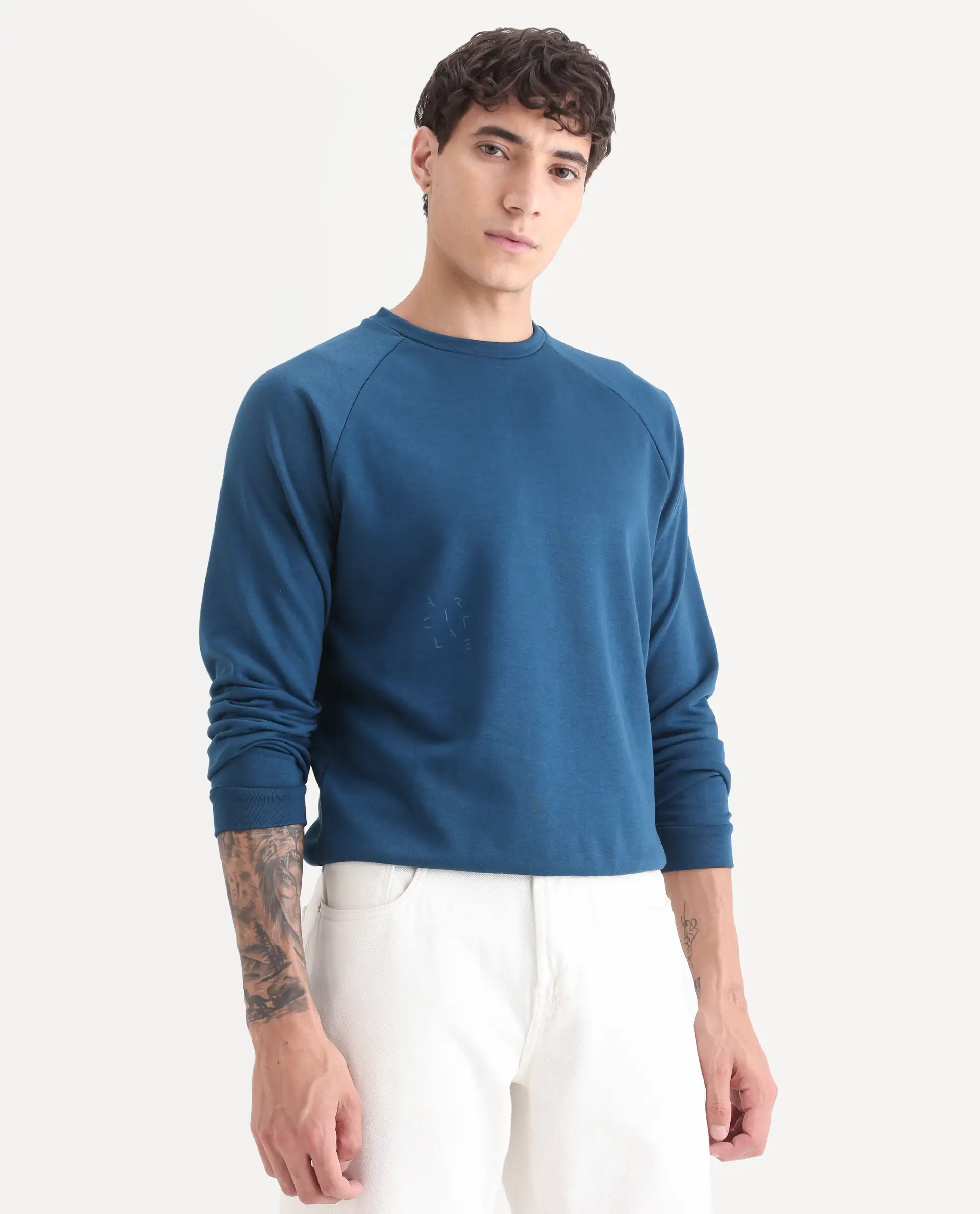 Rare Rabbit Articale Men's Arum Oyster Teal Cotton Fabric Full Sleeves Solid Sweatshirt - Image 6