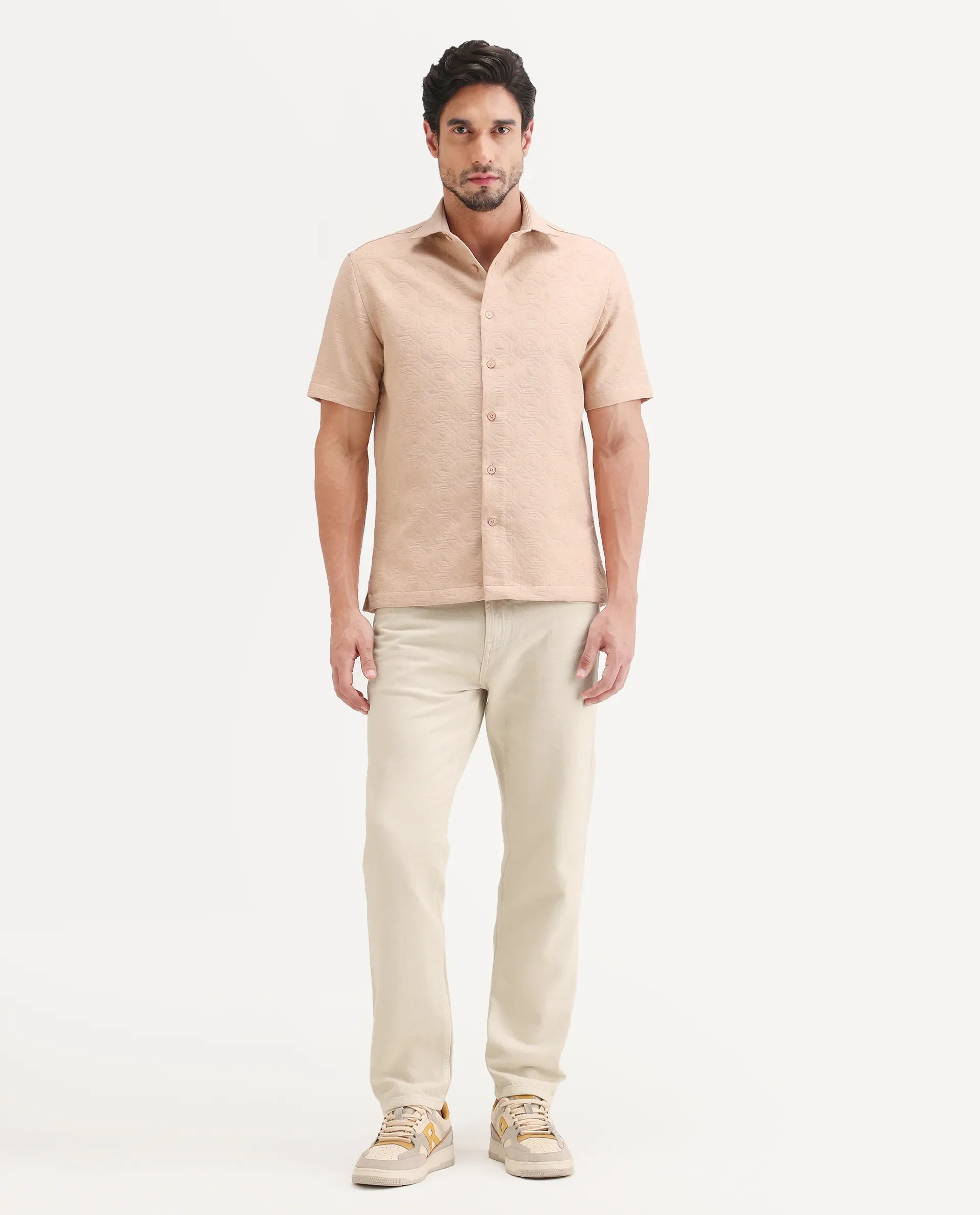 Rare Rabbit Men's Arvi B Beige Cotton Fabric Shank And Zipper Kurt Carrot Plain Jeans - Image 5