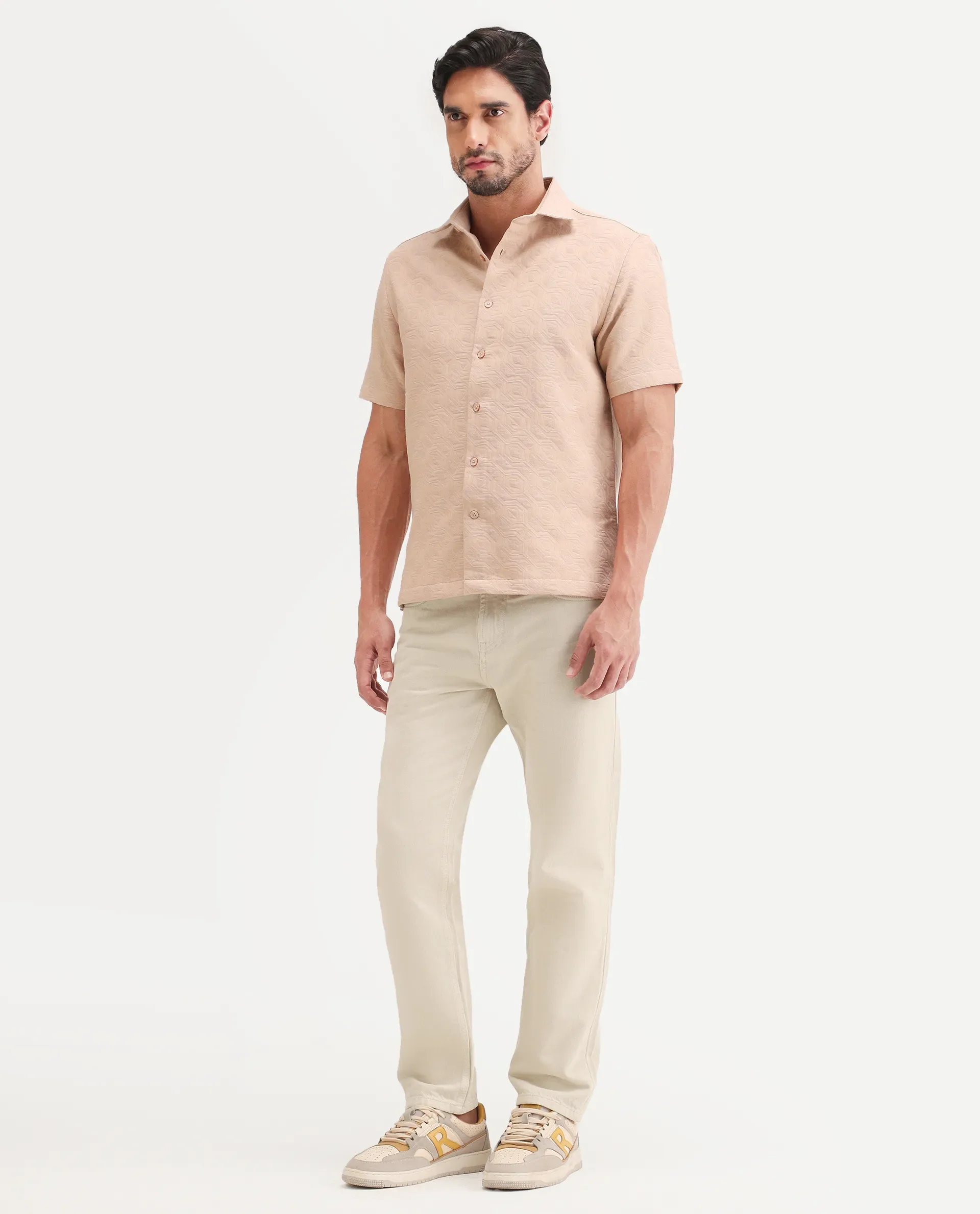 Rare Rabbit Men's Arvi B Beige Cotton Fabric Shank And Zipper Kurt Carrot Plain Jeans - Image 6