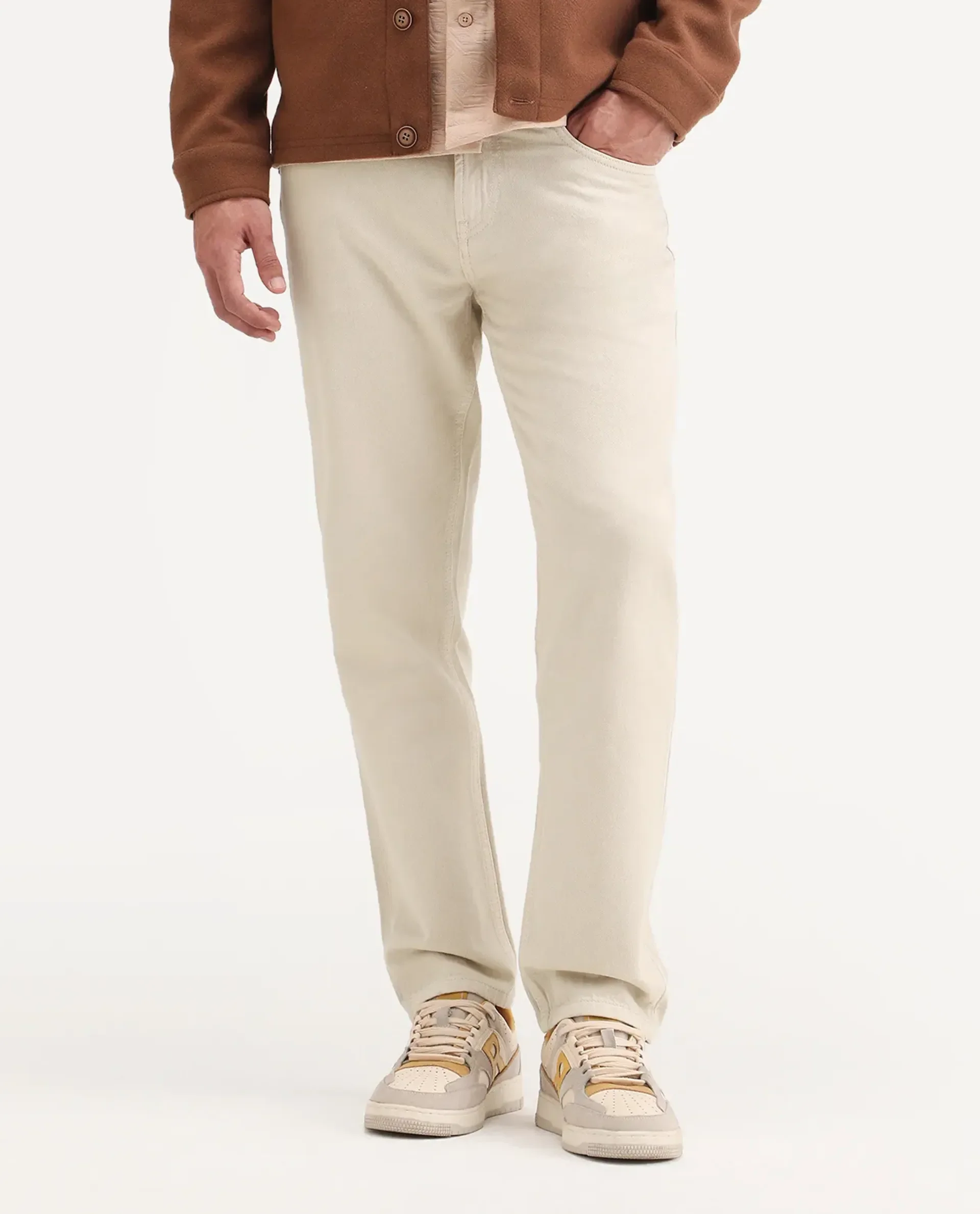 Rare Rabbit Men's Arvi B Beige Cotton Fabric Shank And Zipper Kurt Carrot Plain Jeans - Image 9
