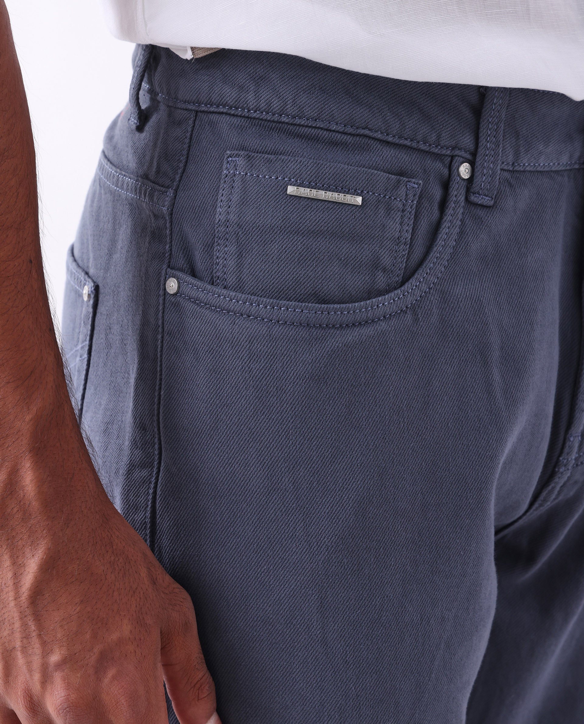 Rare Rabbit Men's Arvi Blue Cotton Plain Dond Carrot Fit Jeans - Image 5
