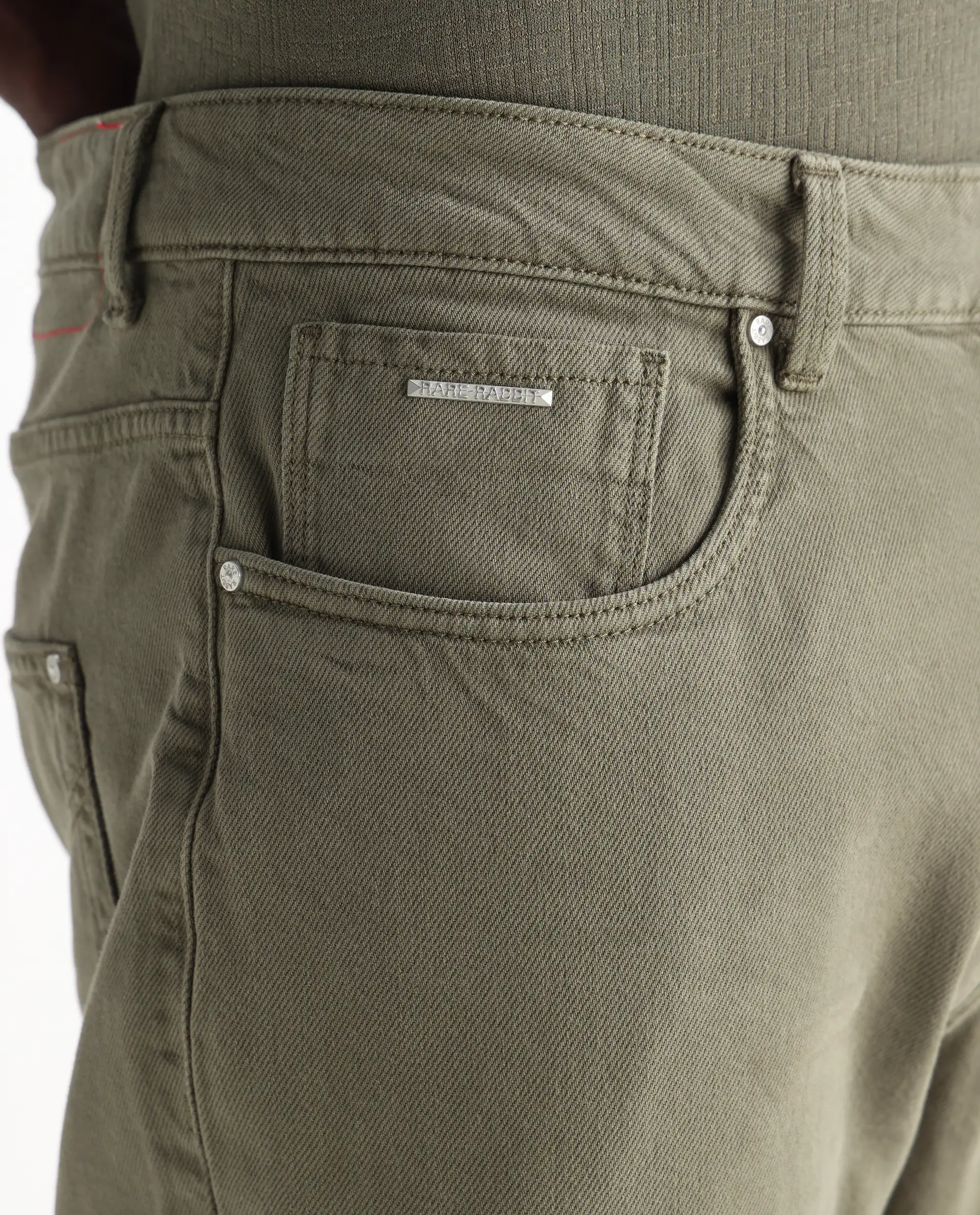 Rare Rabbit Men's Arvi Green Cotton Plain Dond Carrot Fit Jeans - Image 4