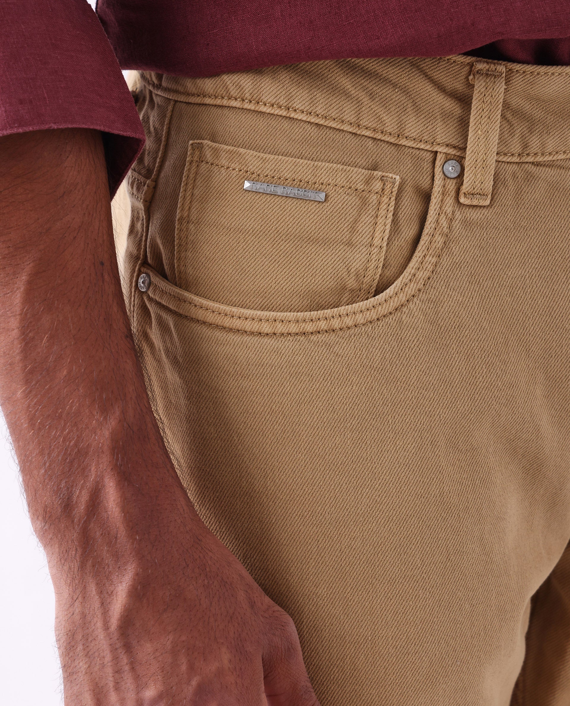 Rare Rabbit Men's Arvi Mustard Cotton Plain Dond Carrot Fit Jeans - Image 5