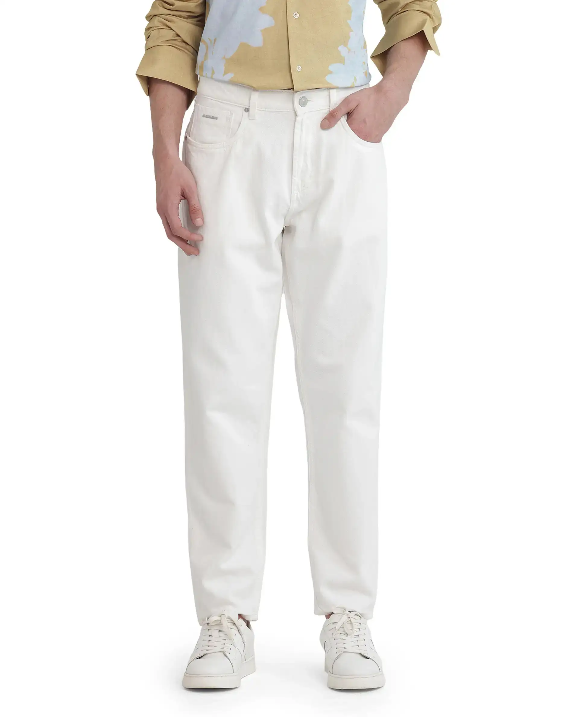 Rare Rabbit Men's Arvi Off White Cotton Plain Dond Carrot Fit Jeans - Image 2