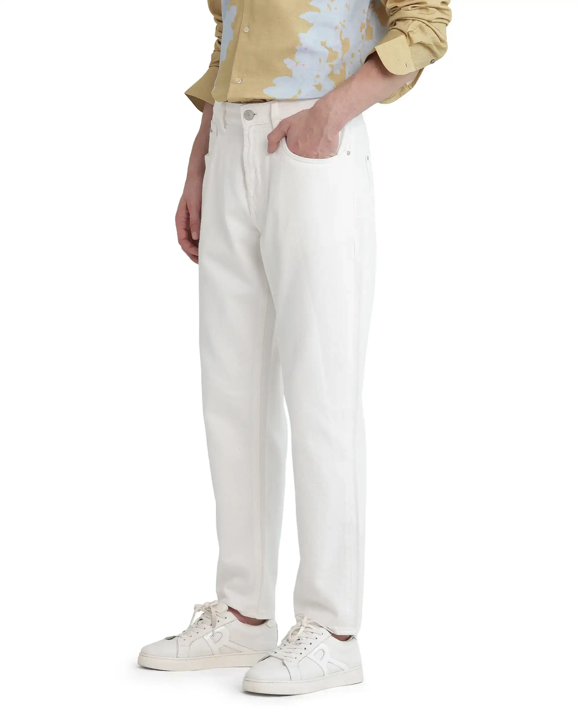 Rare Rabbit Men's Arvi Off White Cotton Plain Dond Carrot Fit Jeans - Image 8