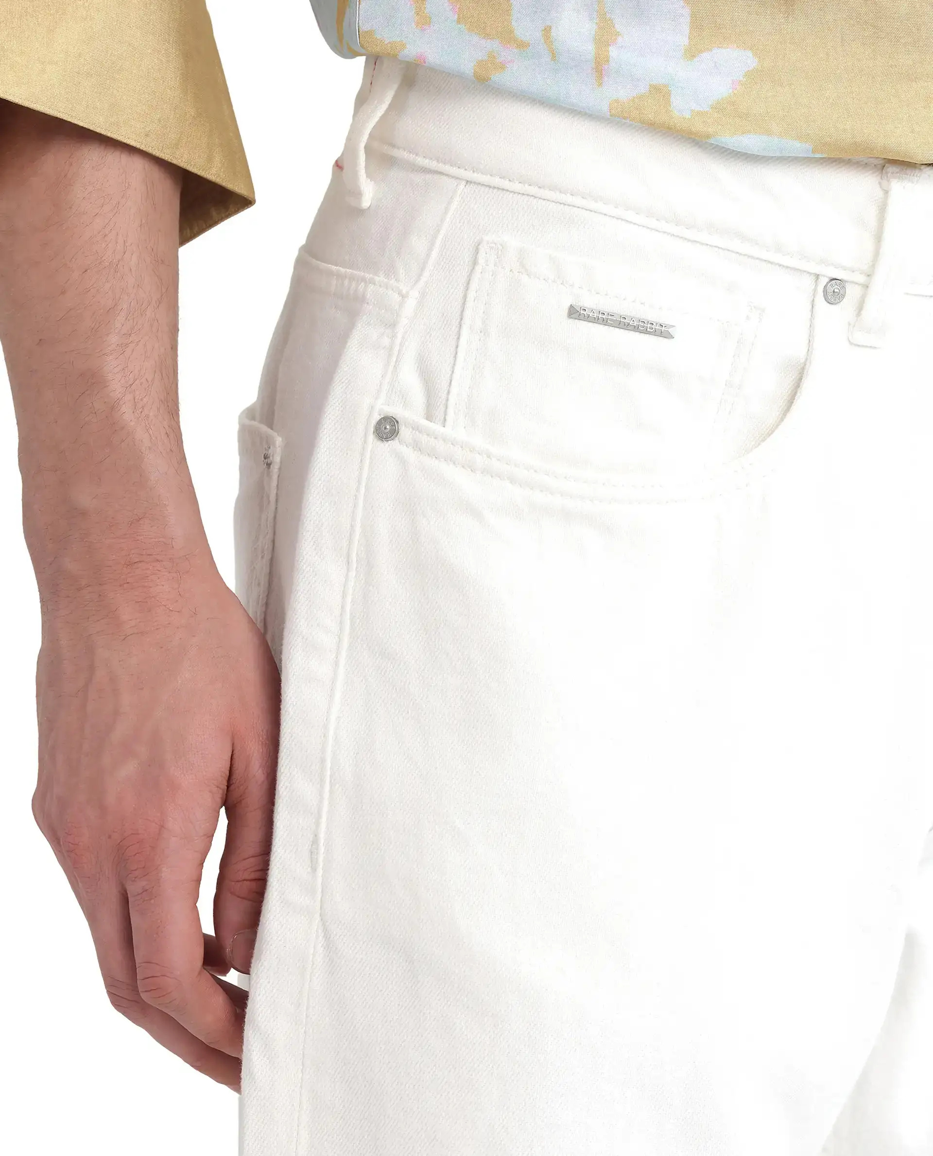 Rare Rabbit Men's Arvi Off White Cotton Plain Dond Carrot Fit Jeans - Image 9