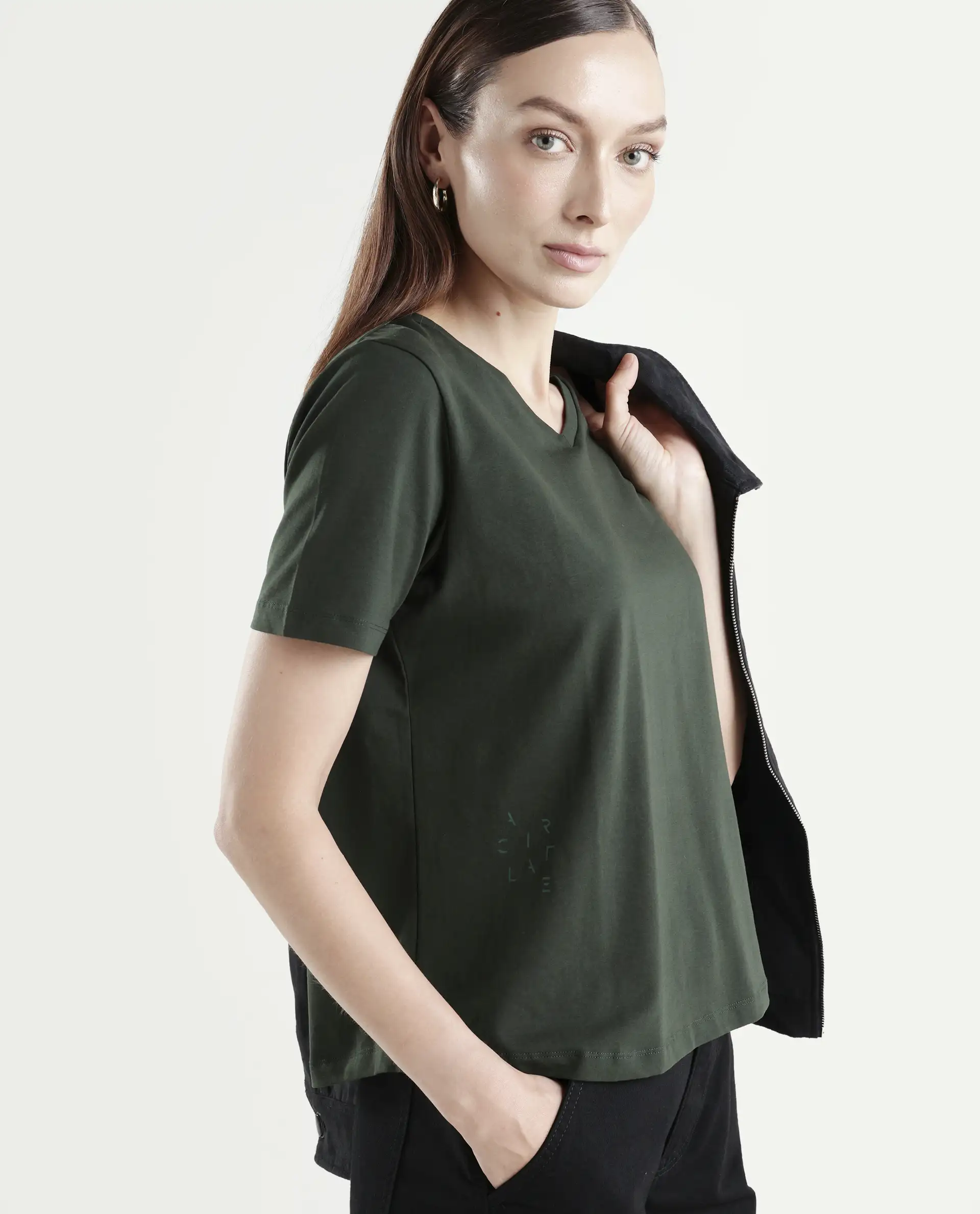 Rareism Women's Light Weight High Stretch 180 Gsm Cotton V-Neck Plain Regular Fit T-Shirt