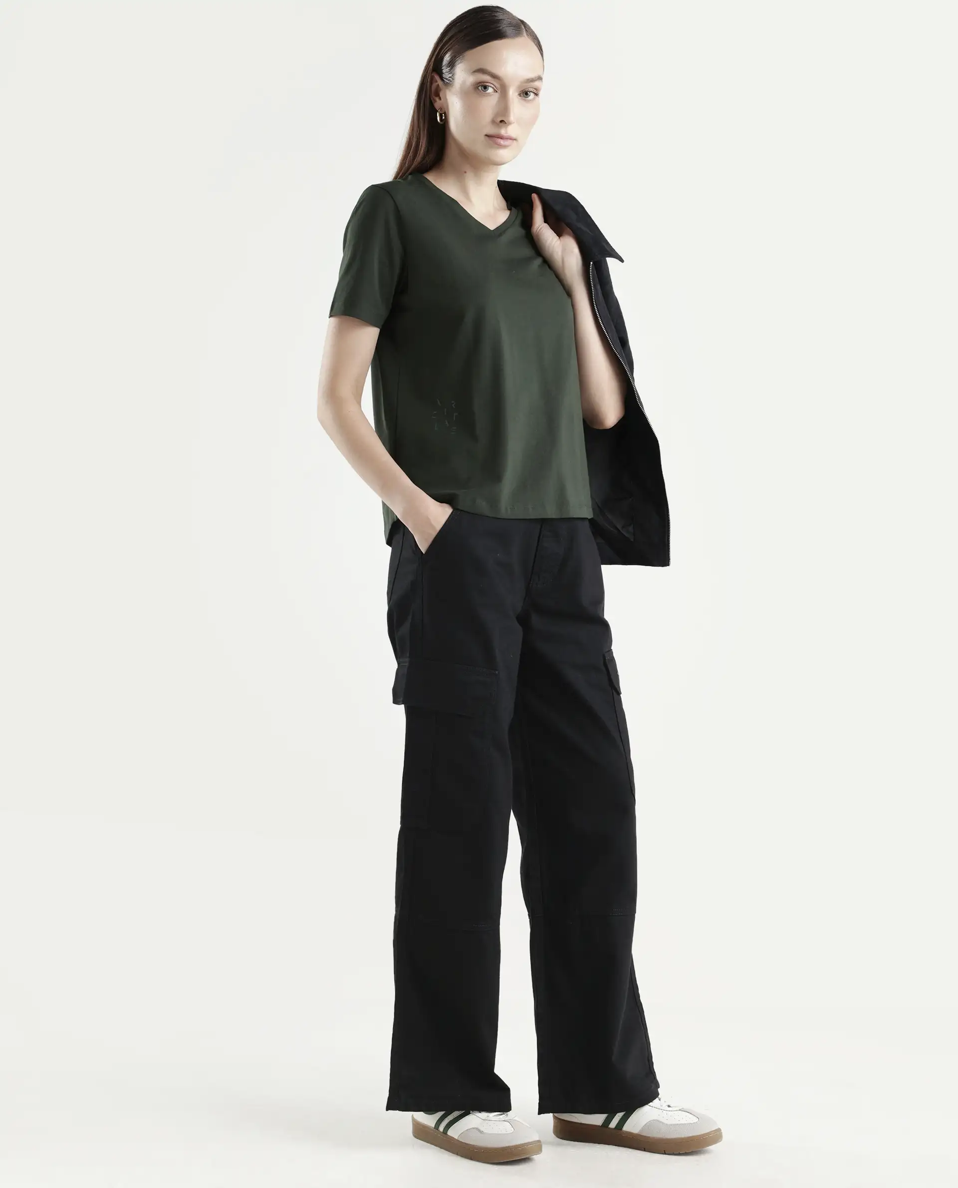 Rareism Women's Light Weight High Stretch 180 Gsm Cotton V-Neck Plain Regular Fit T-Shirt - Image 2