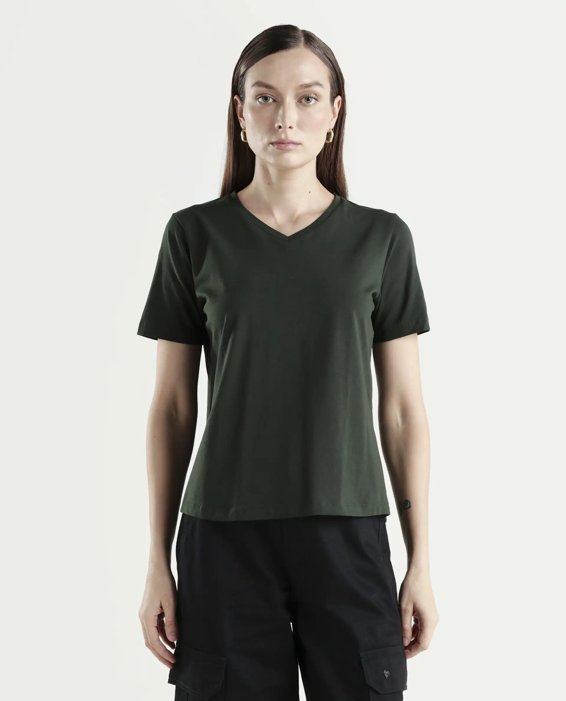 Rareism Women's Light Weight High Stretch 180 Gsm Cotton V-Neck Plain Regular Fit T-Shirt - Image 3