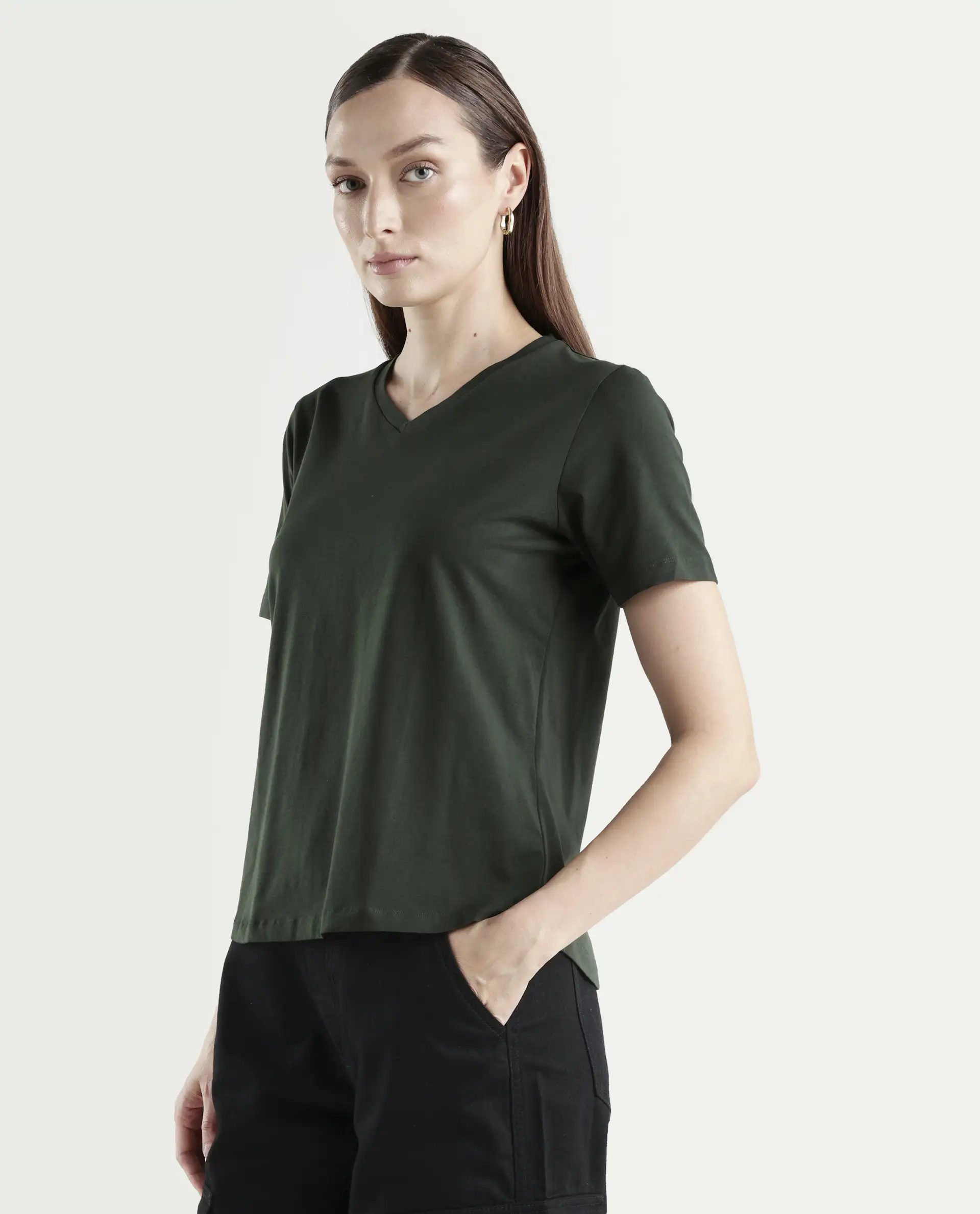 Rareism Women's Light Weight High Stretch 180 Gsm Cotton V-Neck Plain Regular Fit T-Shirt - Image 5