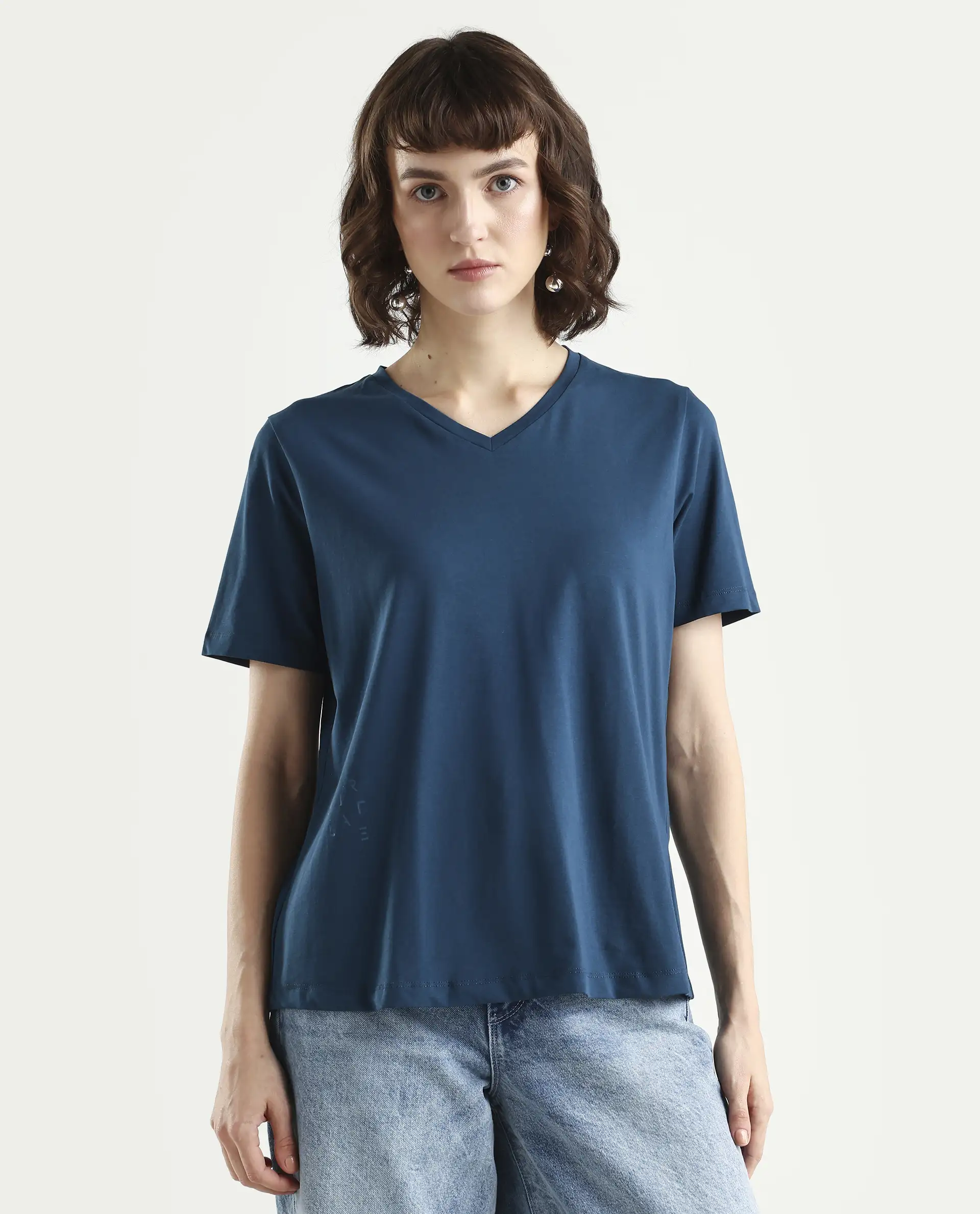 Rareism Women's Light Weight High Stretch 180 Gsm Cotton V-Neck Plain Regular Fit T-Shirt - Image 2