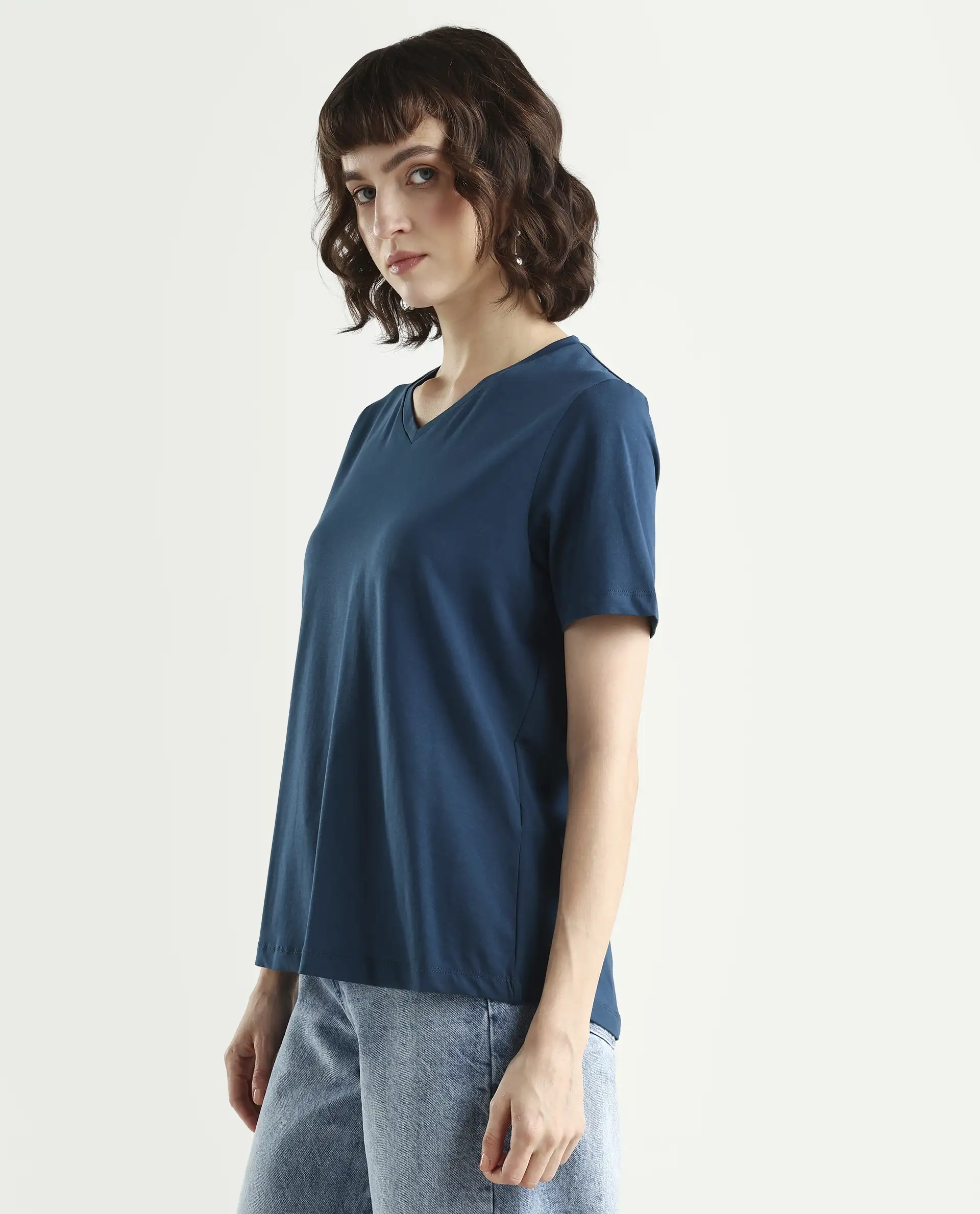 Rareism Women's Light Weight High Stretch 180 Gsm Cotton V-Neck Plain Regular Fit T-Shirt - Image 5