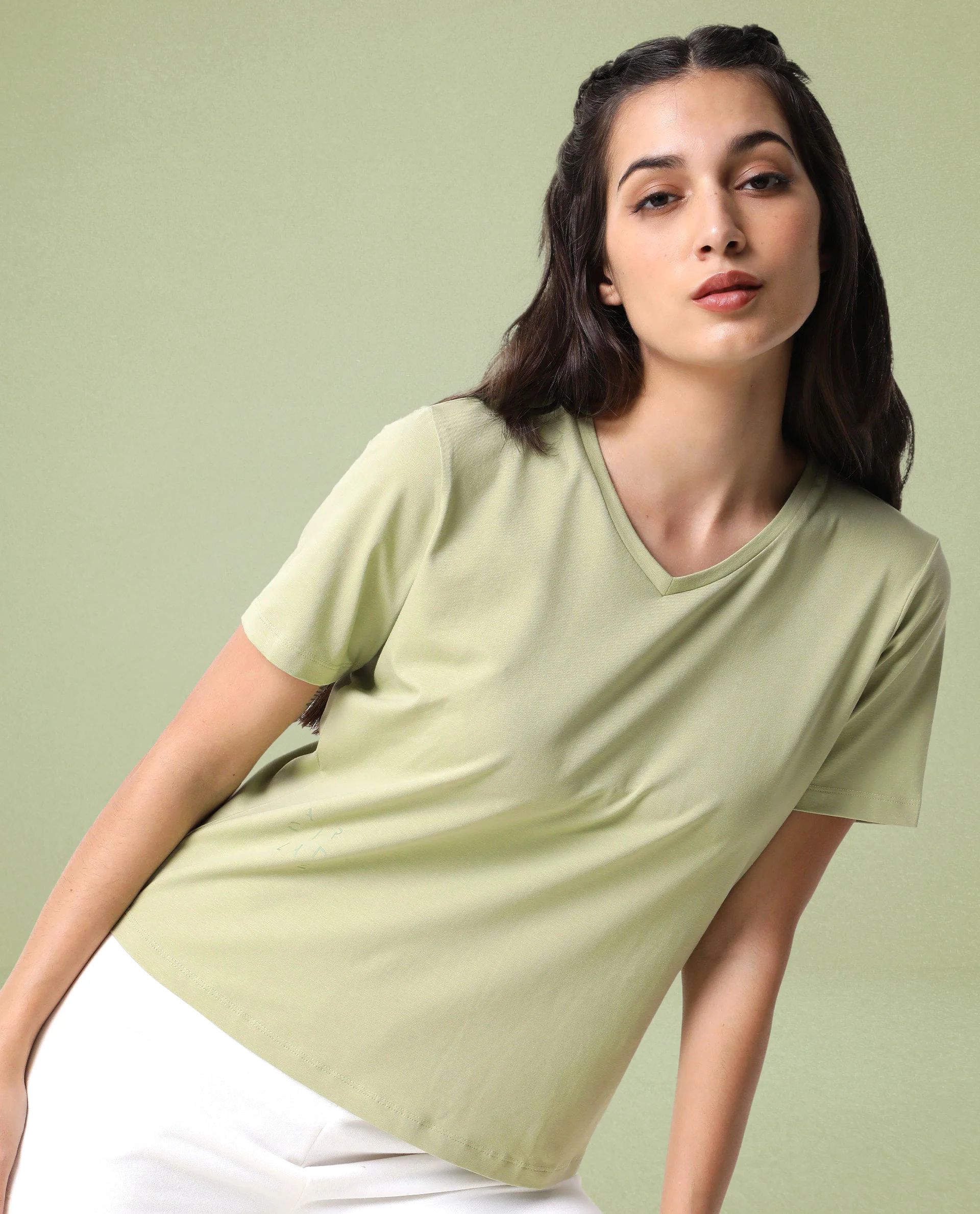 Rareism Women's Light Weight High Stretch 180 Gsm Cotton V-Neck Plain Regular Fit T-Shirt