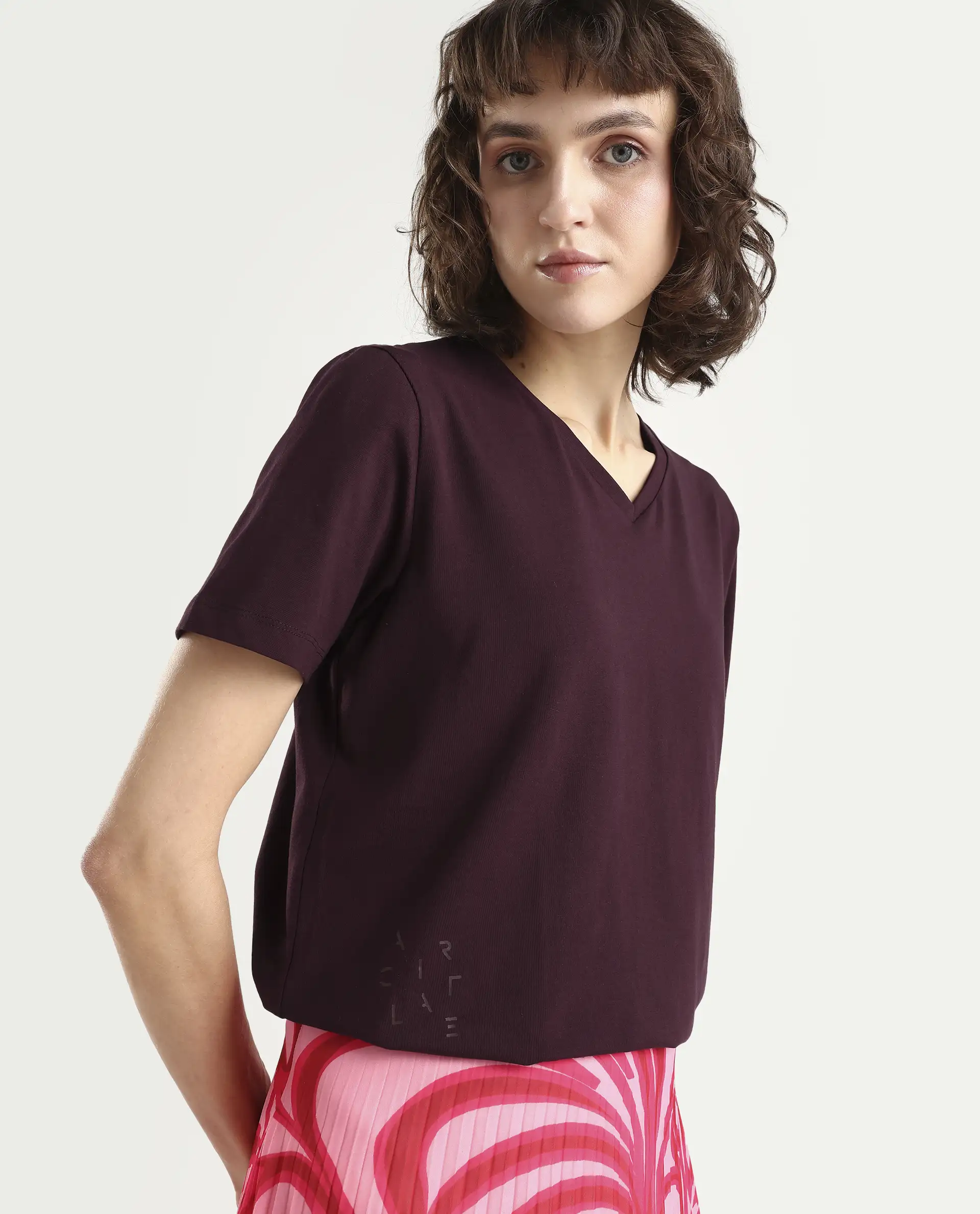 Rareism Women's Light Weight High Stretch 180 Gsm Cotton V-Neck Plain Regular Fit T-Shirt
