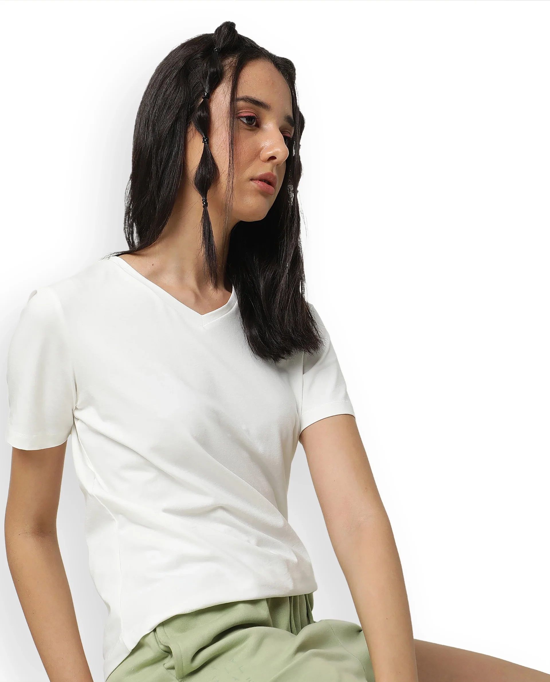 Rareism Women's Light Weight High Stretch 180 Gsm Cotton V-Neck Plain Regular Fit T-Shirt - Image 2