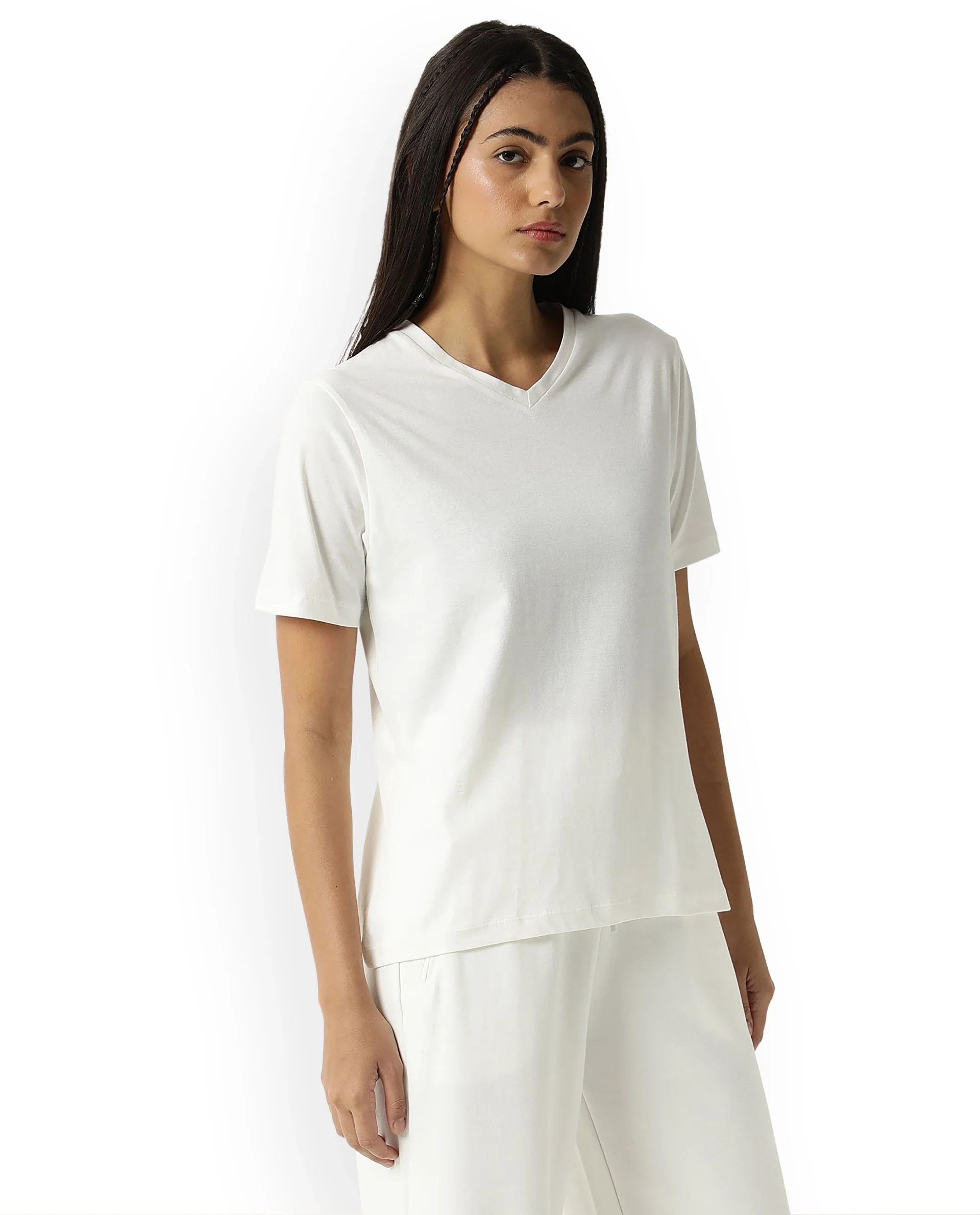 Rareism Women's Light Weight High Stretch 180 Gsm Cotton V-Neck Plain Regular Fit T-Shirt - Image 3