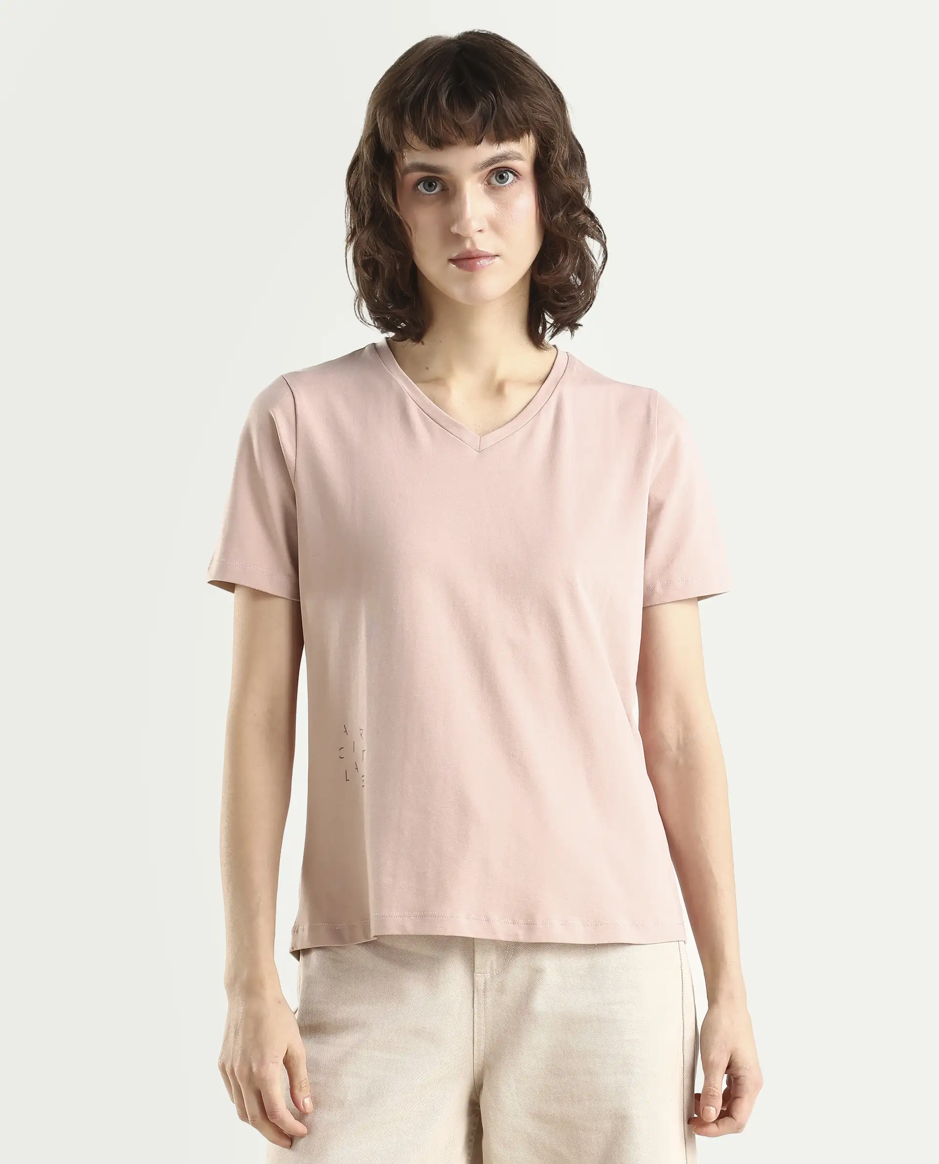 Rareism Women's Arvi Dusky Pink Cotton Blend V-Neck Plain Regular Fit T-Shirt - Image 3