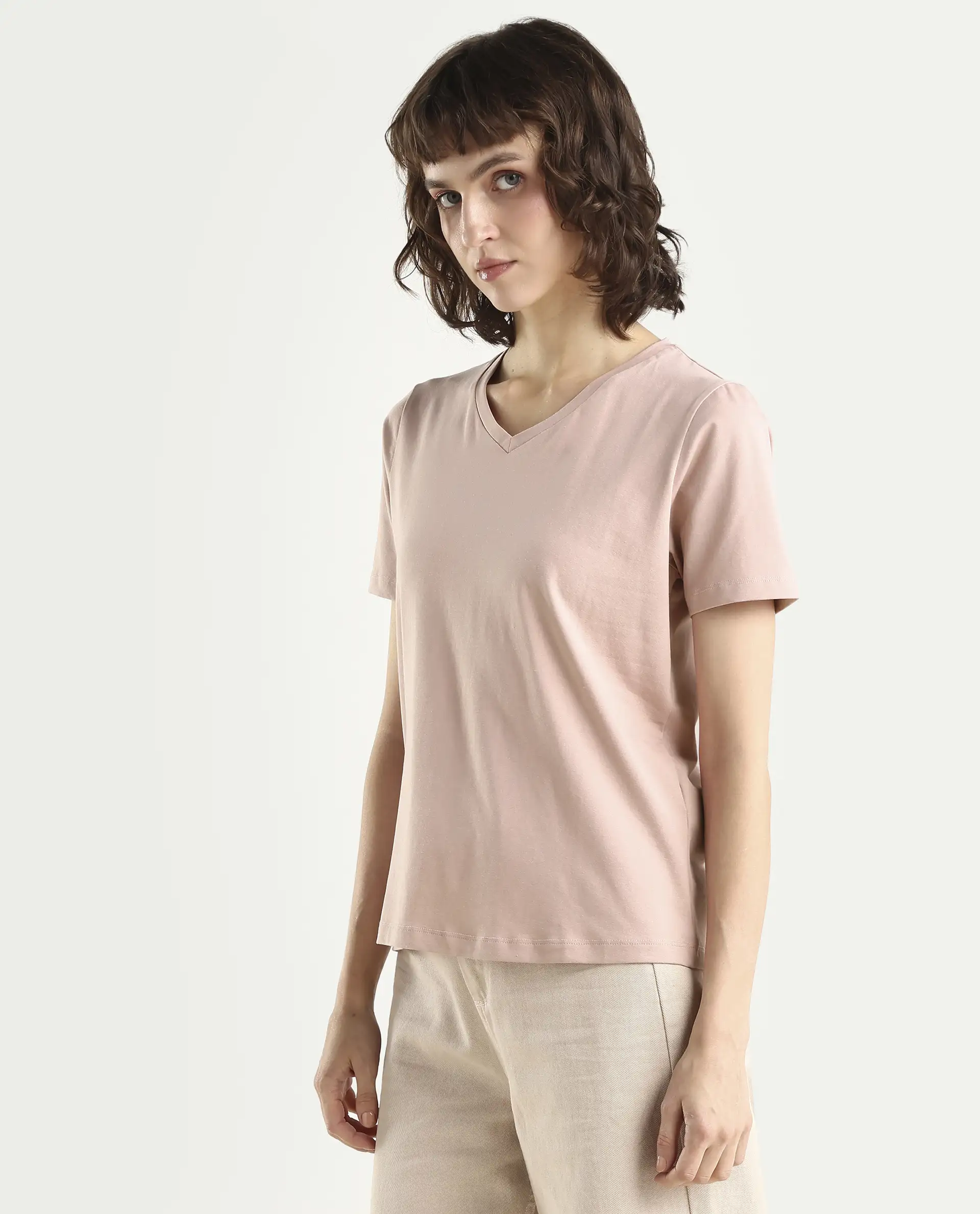 Rareism Women's Arvi Dusky Pink Cotton Blend V-Neck Plain Regular Fit T-Shirt - Image 5