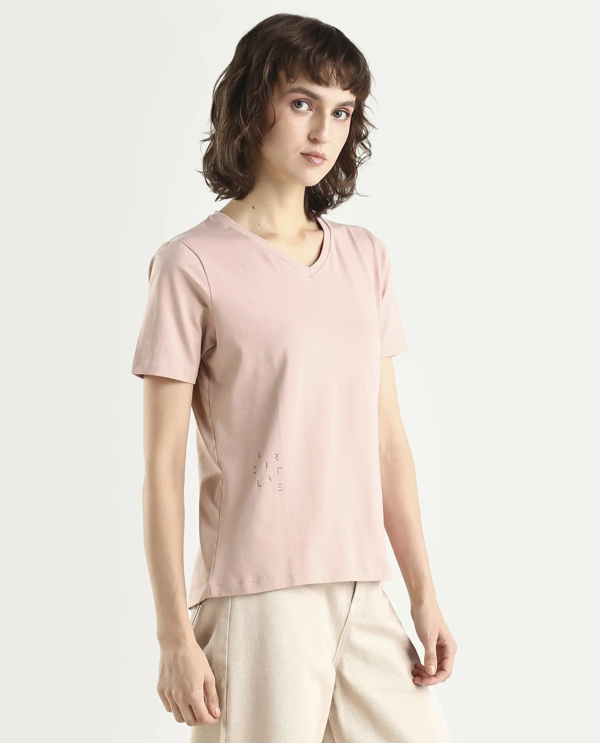 Rareism Women's Arvi Dusky Pink Cotton Blend V-Neck Plain Regular Fit T-Shirt - Image 6