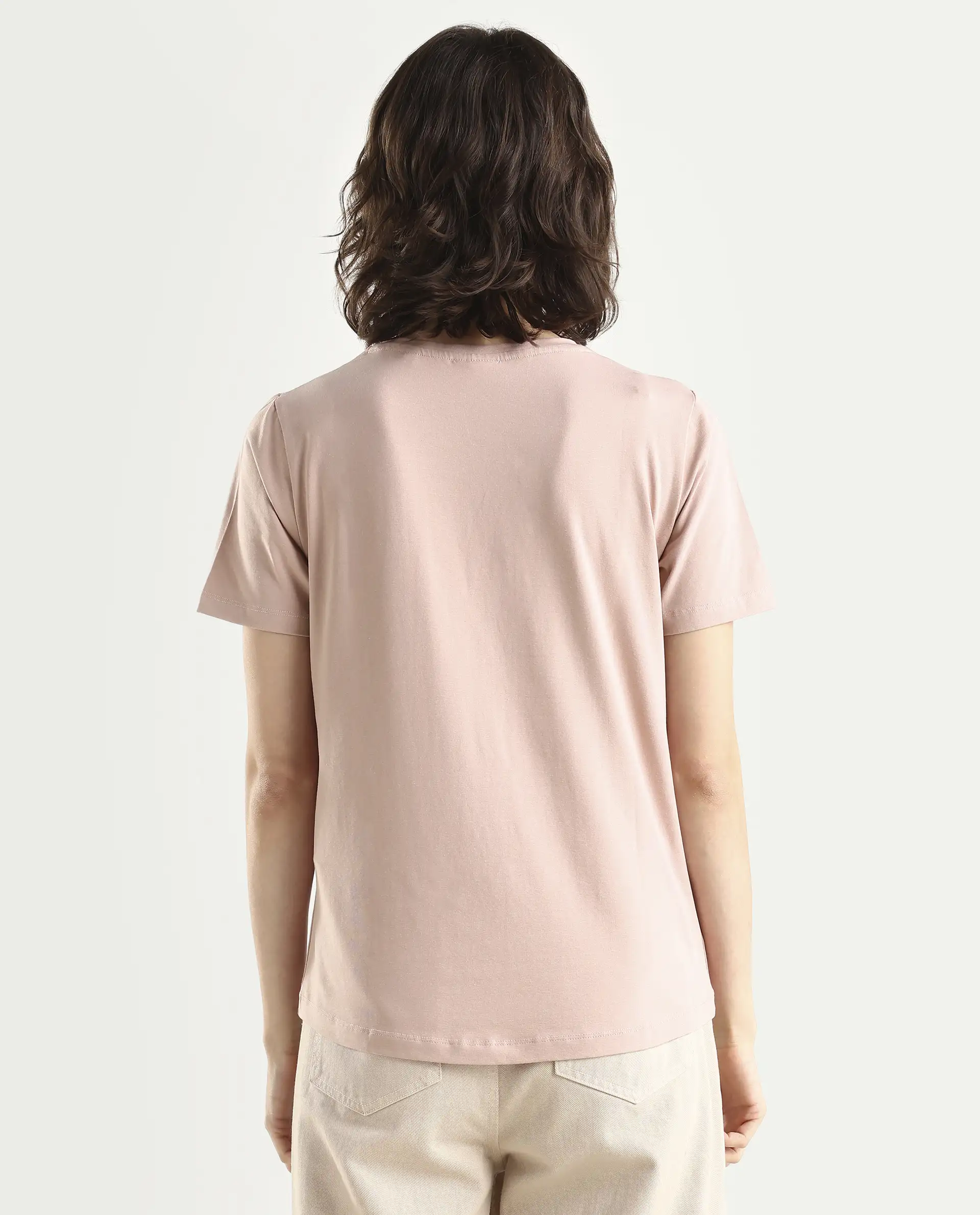 Rareism Women's Arvi Dusky Pink Cotton Blend V-Neck Plain Regular Fit T-Shirt - Image 7