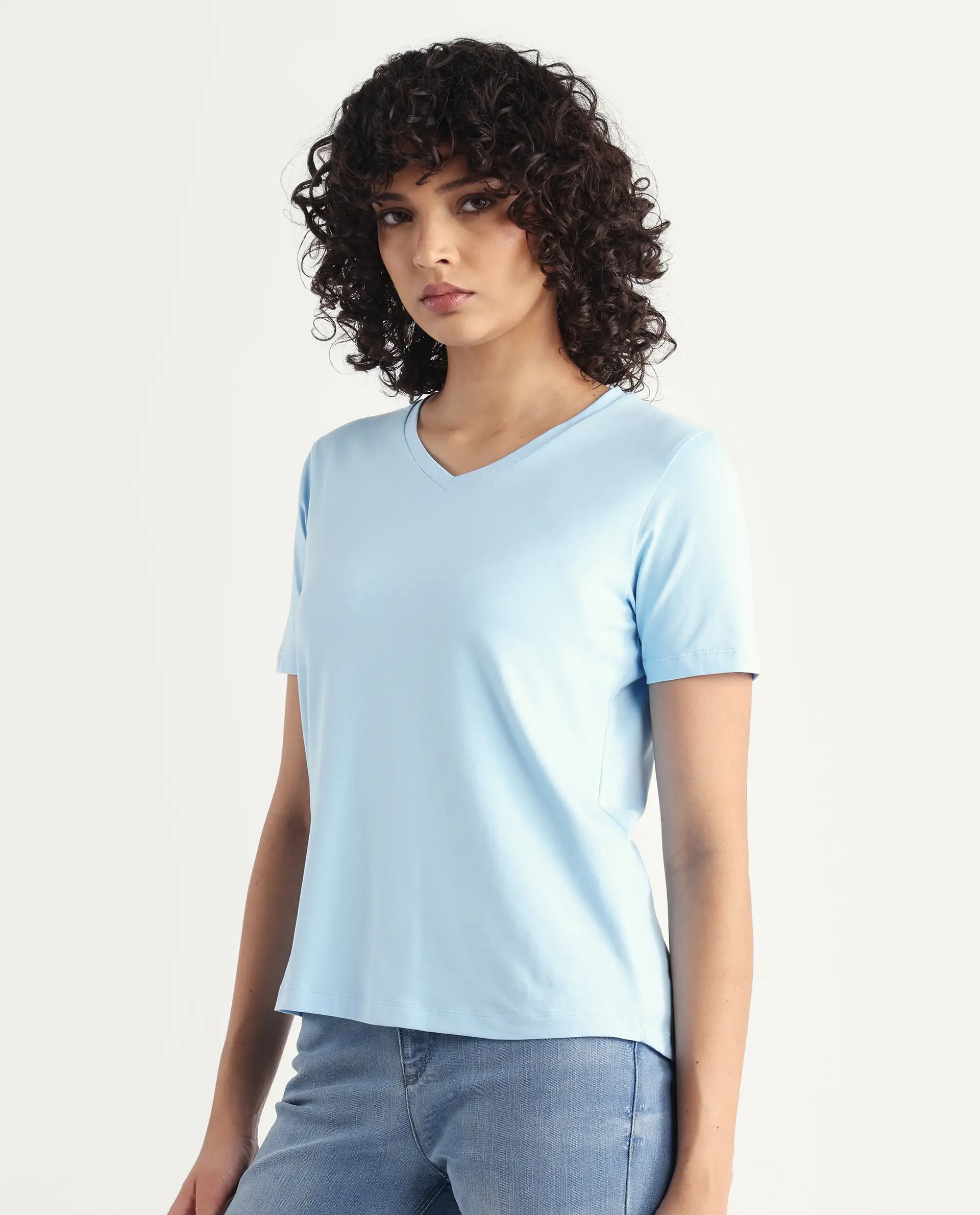 Rareism Women's Light Weight High Stretch 180 Gsm Cotton V-Neck Plain Regular Fit T-Shirt - Image 3