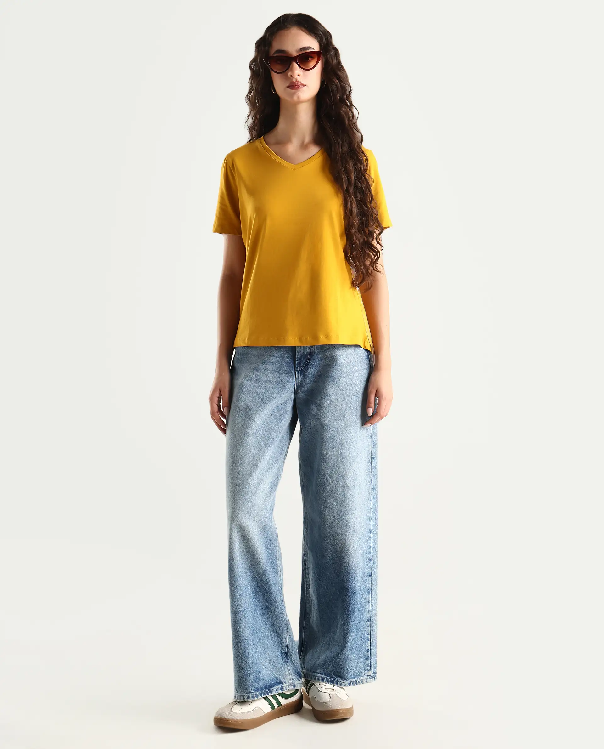 Rareism Women's Light Weight High Stretch 180 Gsm Cotton V-Neck Plain Regular Fit T-Shirt - Image 2