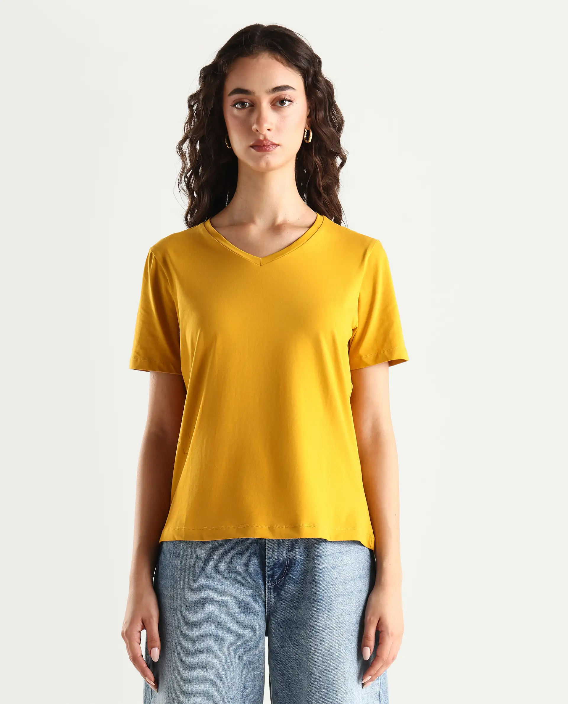 Rareism Women's Light Weight High Stretch 180 Gsm Cotton V-Neck Plain Regular Fit T-Shirt - Image 3
