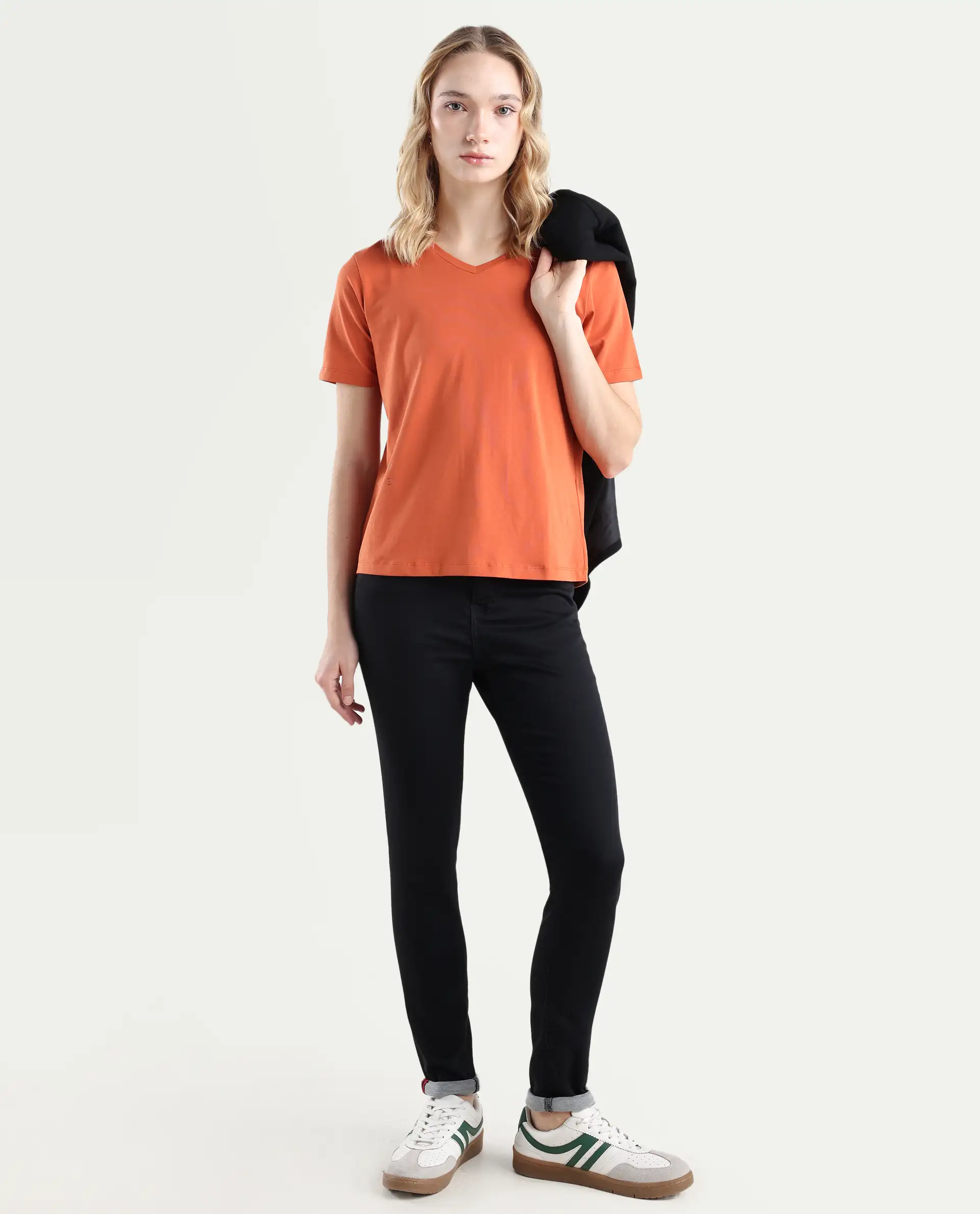 Rareism Women's Light Weight High Stretch 180 Gsm Cotton V-Neck Plain Relaxed Fit T-Shirt - Image 2