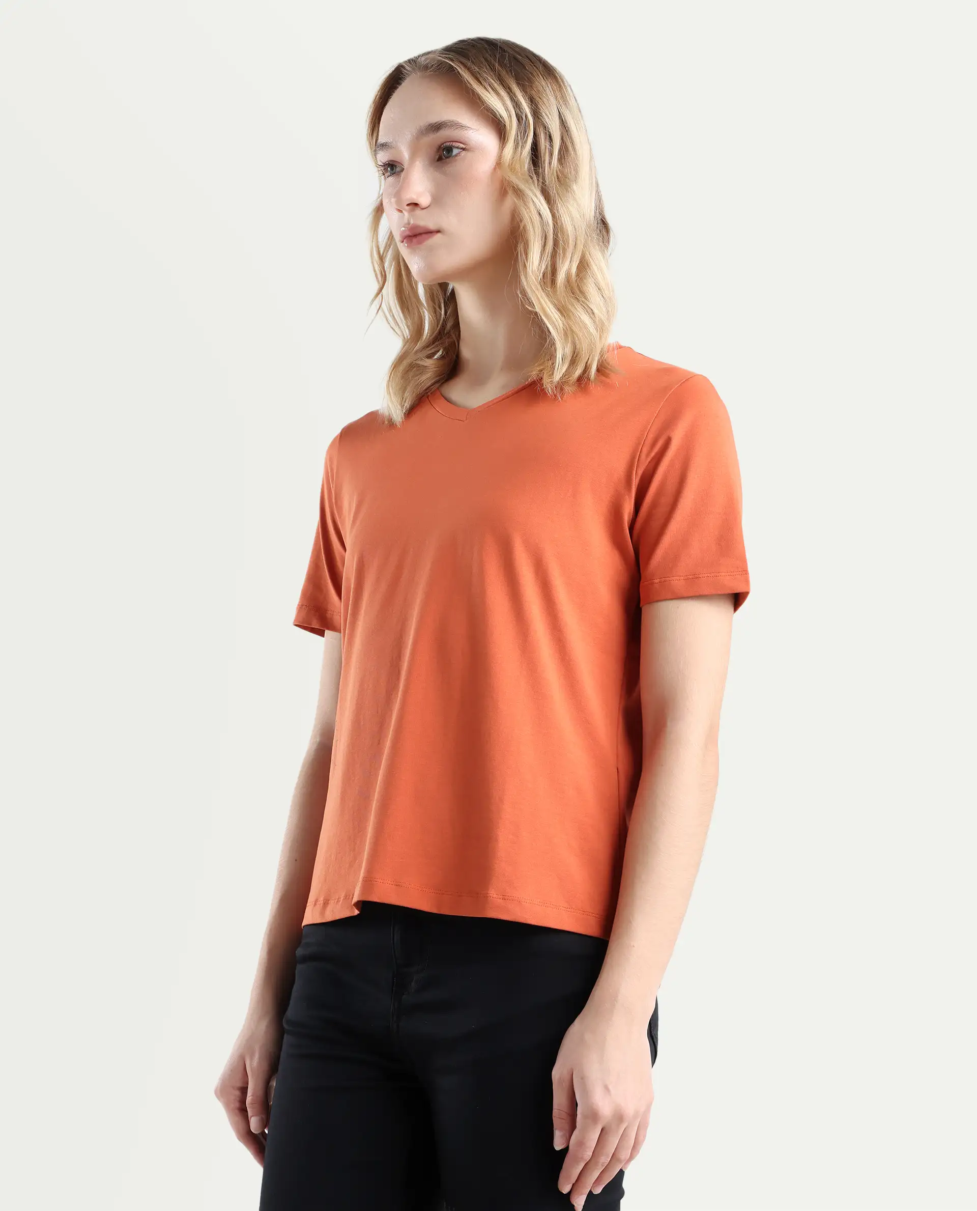 Rareism Women's Light Weight High Stretch 180 Gsm Cotton V-Neck Plain Relaxed Fit T-Shirt - Image 5