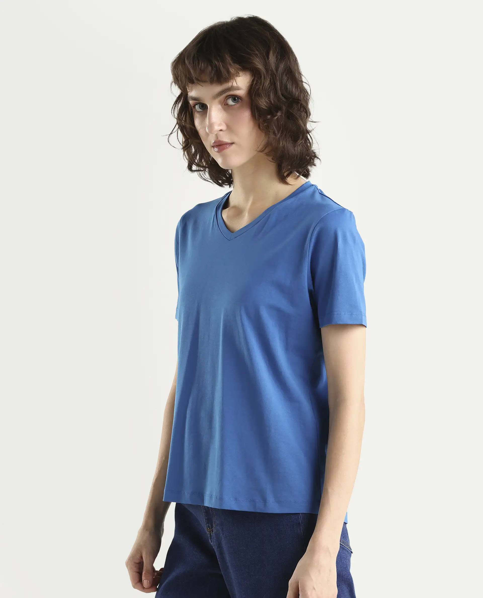 Rareism Women's Light Weight High Stretch 180 Gsm Cotton V-Neck Plain Regular Fit T-Shirt - Image 5