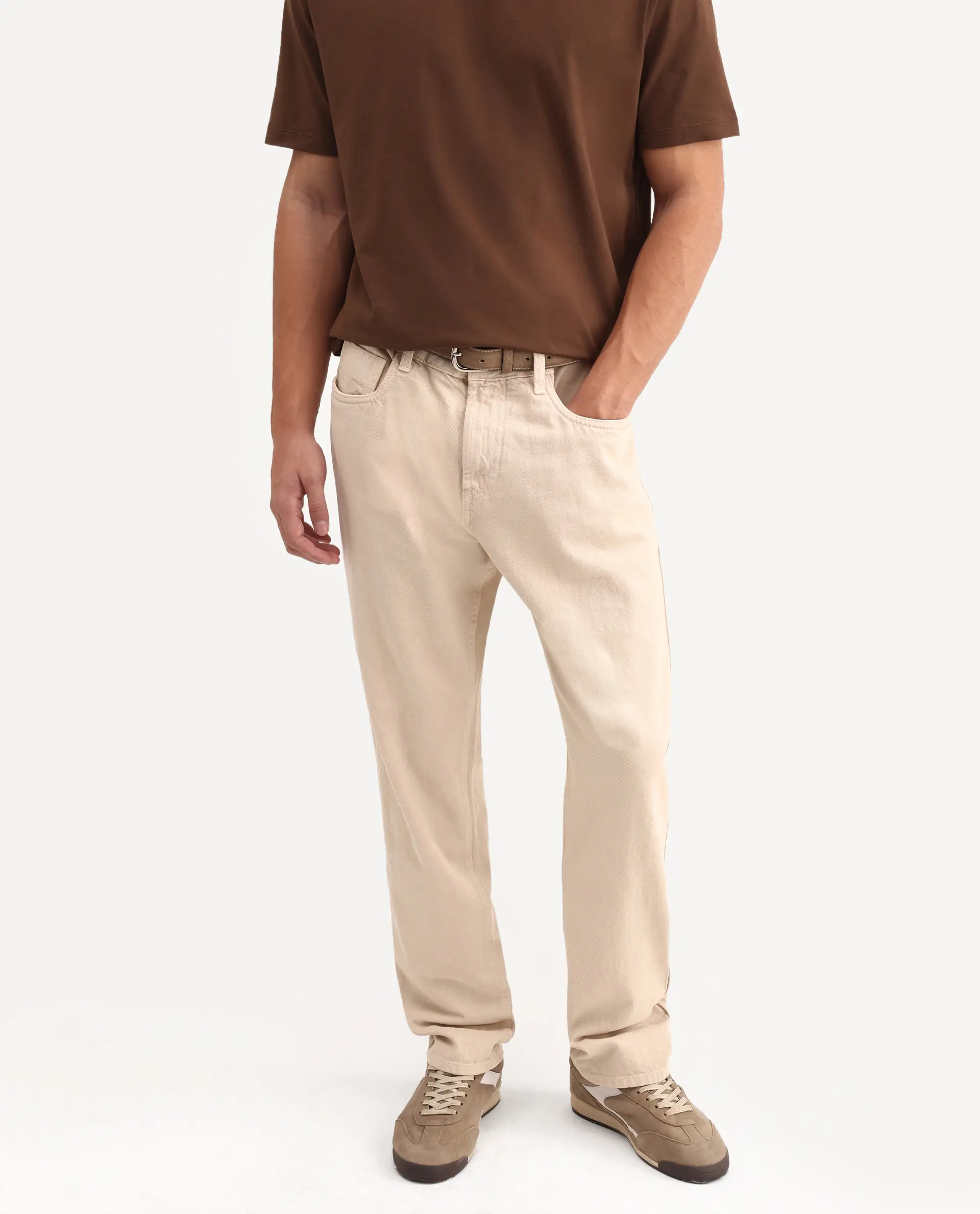 Rare Rabbit Men's Arvin Light Beige Cotton Fabric Shank And Zipper Kurt Carrot Plain Jeans - Image 2