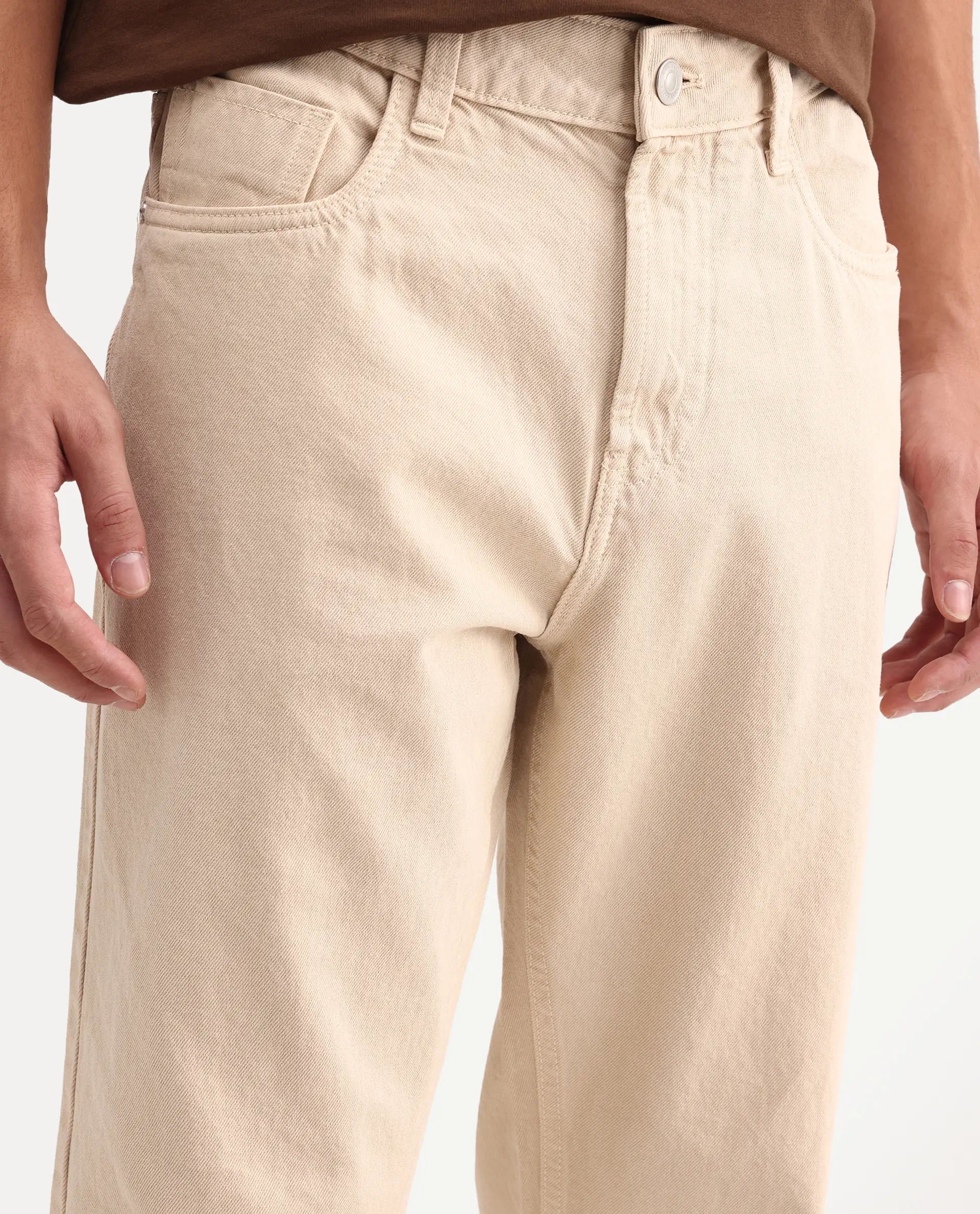 Rare Rabbit Men's Arvin Light Beige Cotton Fabric Shank And Zipper Kurt Carrot Plain Jeans - Image 3