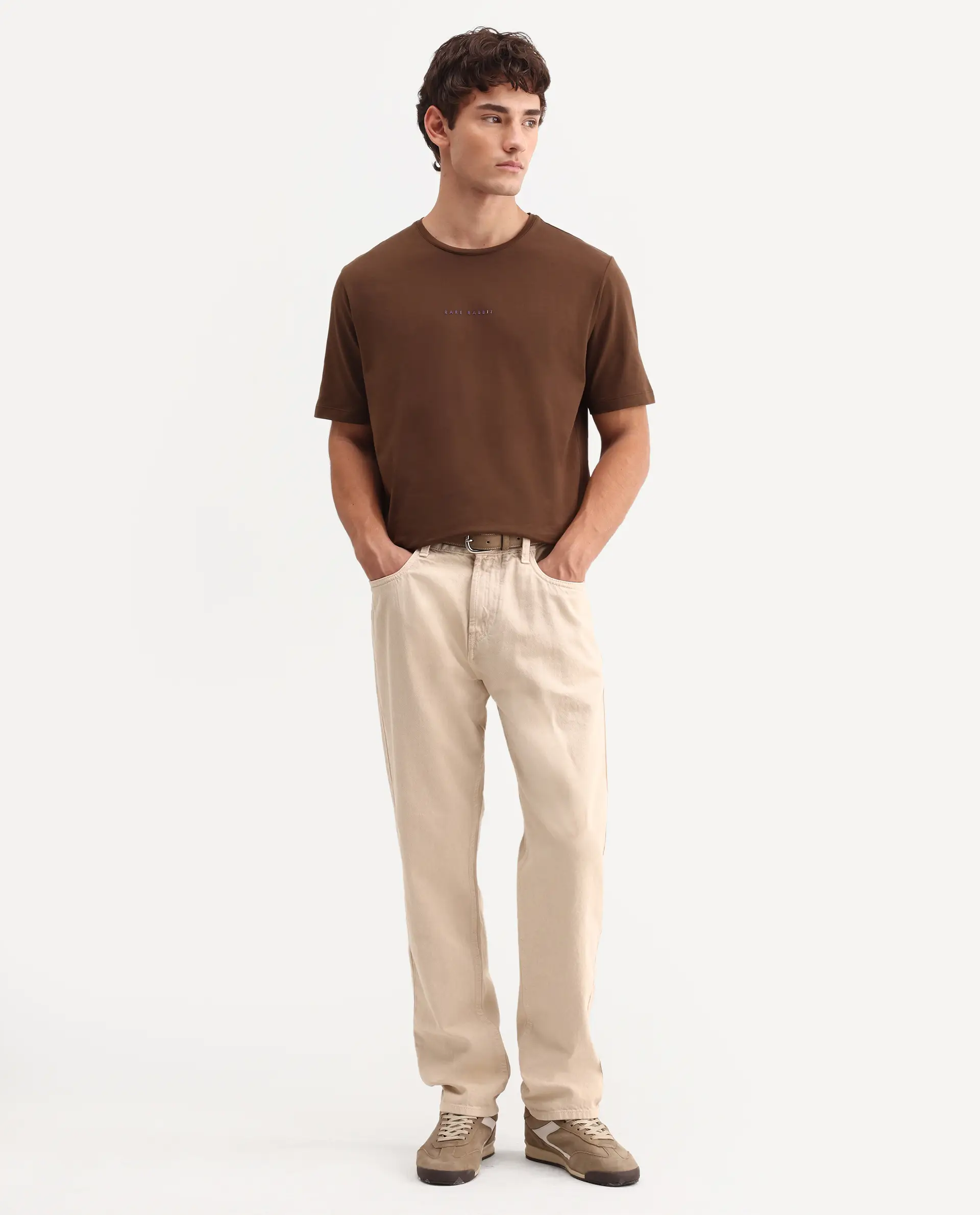 Rare Rabbit Men's Arvin Light Beige Cotton Fabric Shank And Zipper Kurt Carrot Plain Jeans - Image 4