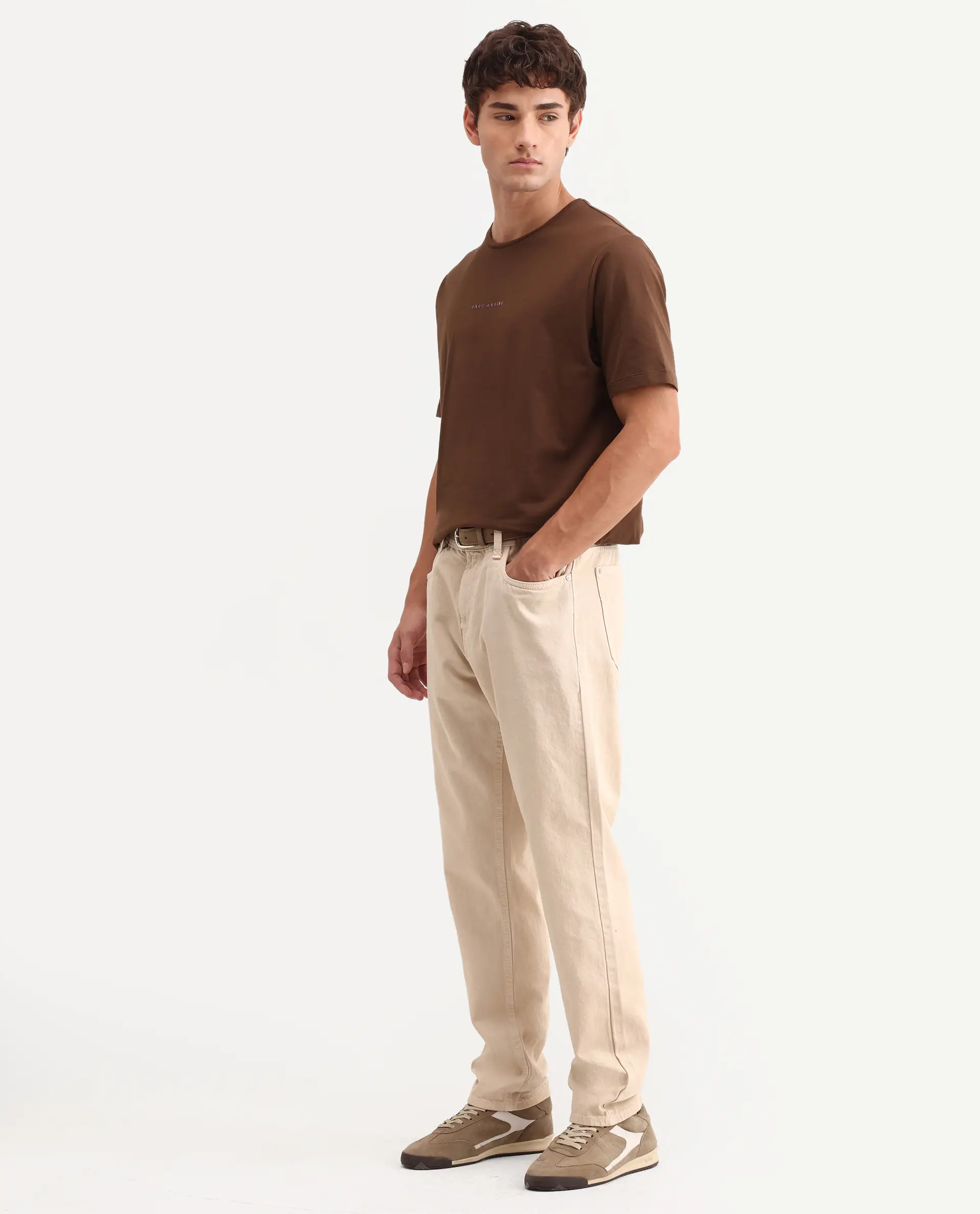 Rare Rabbit Men's Arvin Light Beige Cotton Fabric Shank And Zipper Kurt Carrot Plain Jeans - Image 5