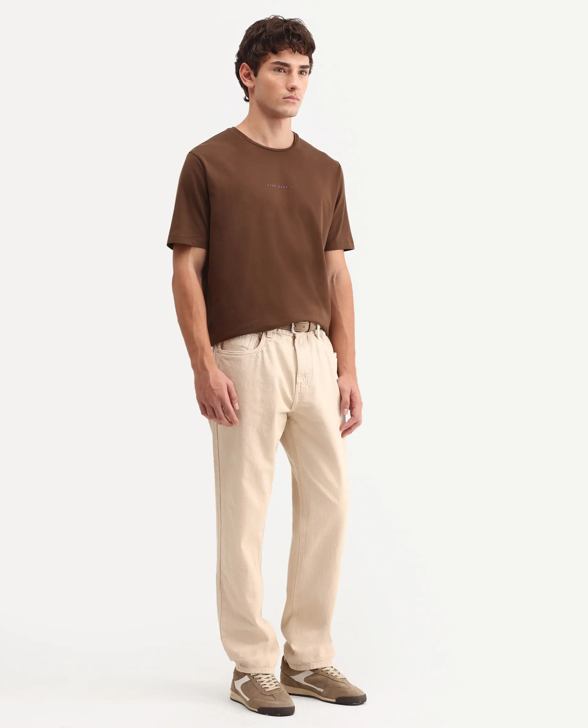Rare Rabbit Men's Arvin Light Beige Cotton Fabric Shank And Zipper Kurt Carrot Plain Jeans - Image 6