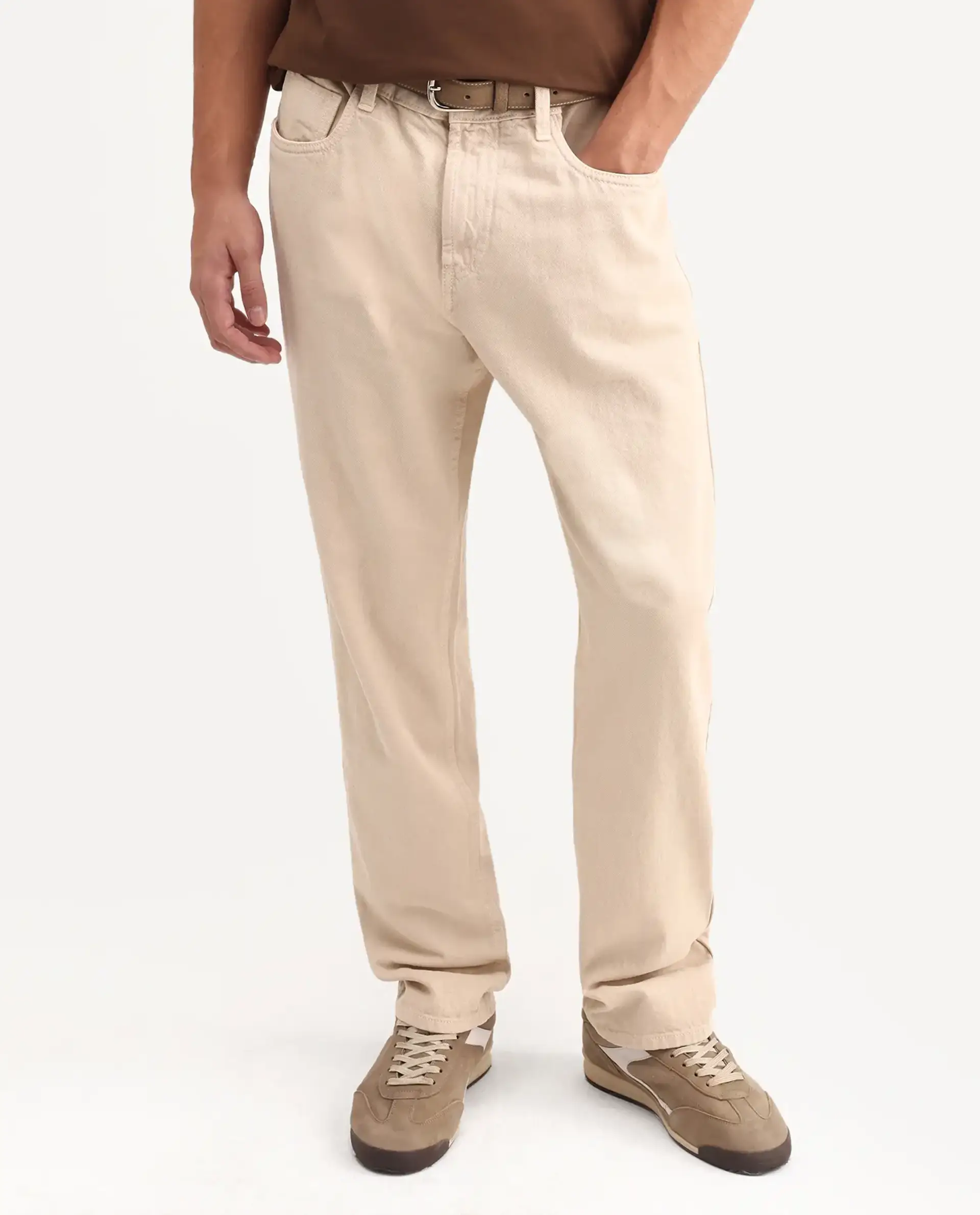 Rare Rabbit Men's Arvin Light Beige Cotton Fabric Shank And Zipper Kurt Carrot Plain Jeans - Image 8