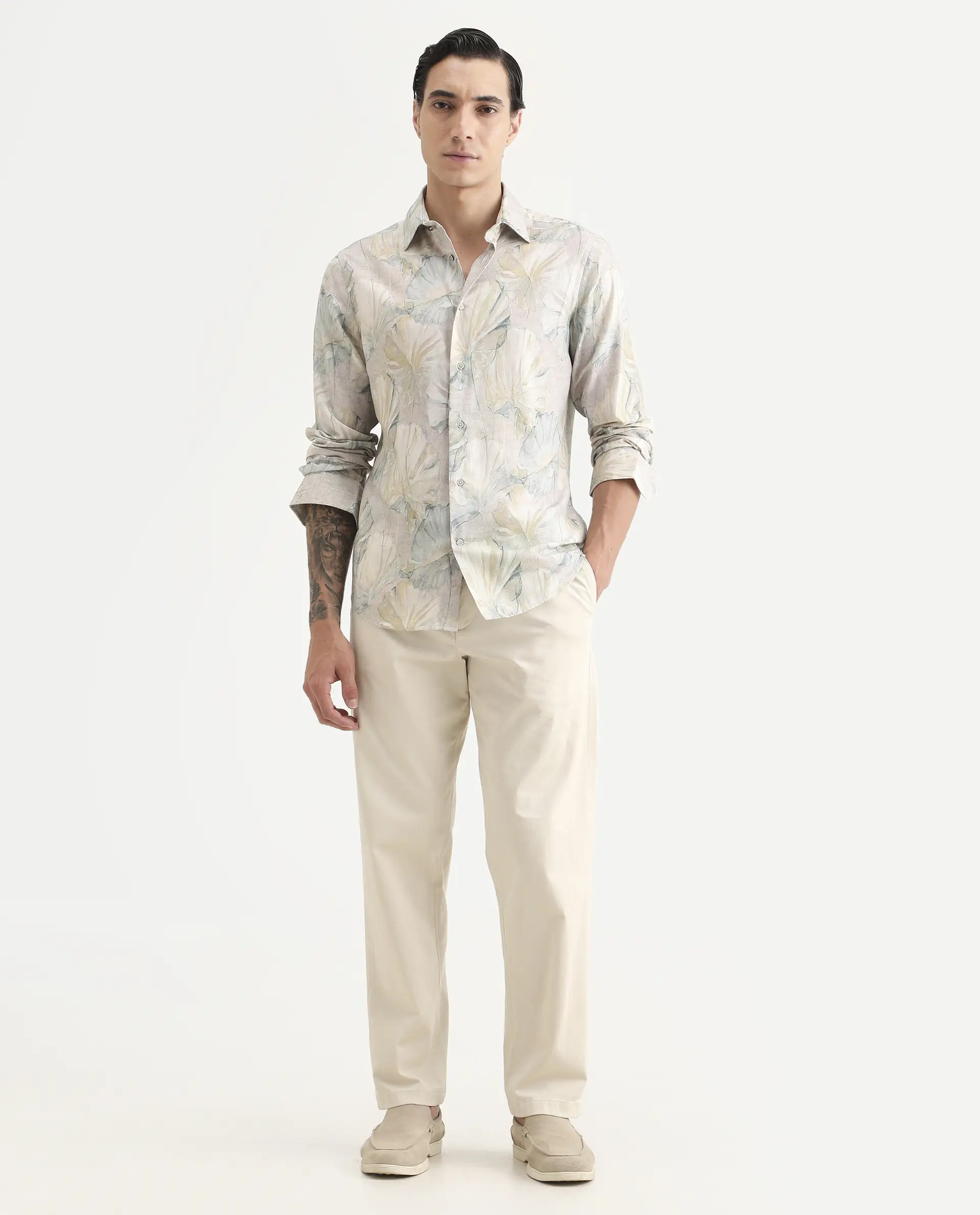 Rare Rabbit Men's Arvo Dusky Beige Cotton Blend Fabric Full Sleeve Spread Collar Regular Fit Floral Print Shirt - Image 2